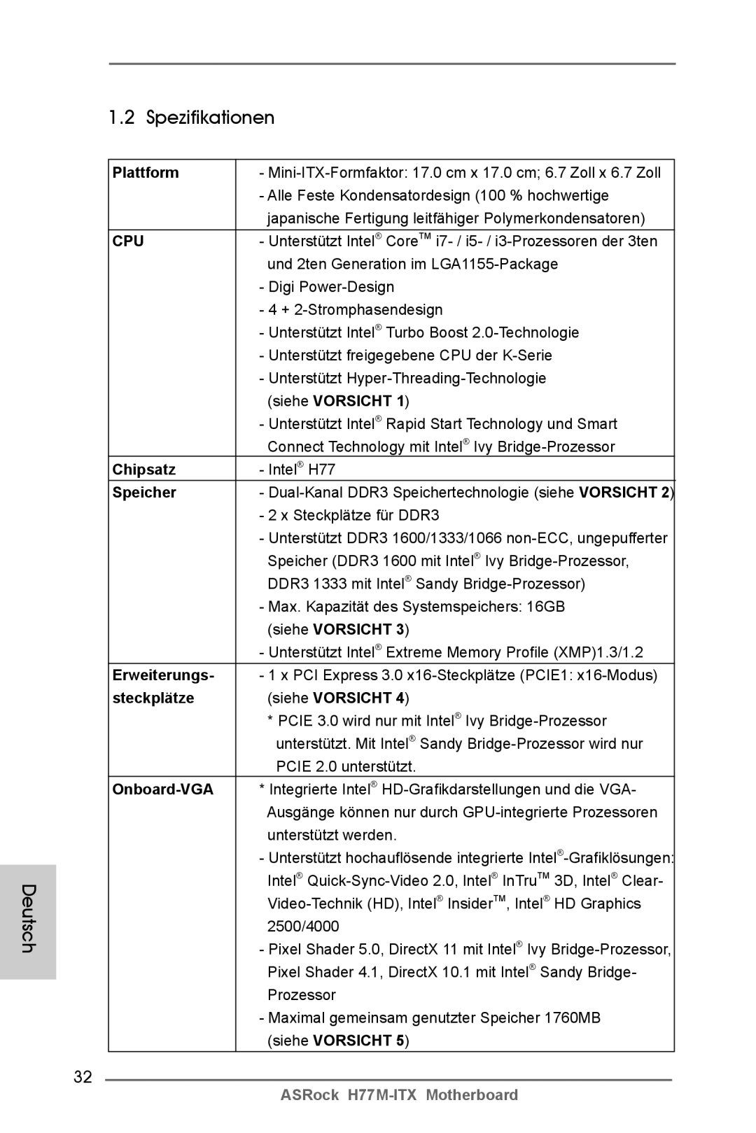 ASRock H77M-ITX manual Spezifikationen Deutsch 