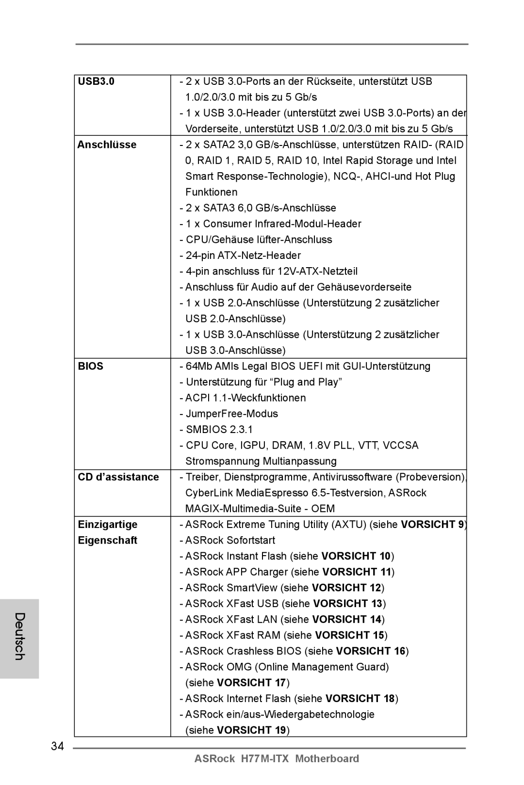 ASRock H77M-ITX manual CD d’assistance, Einzigartige, Eigenschaft 