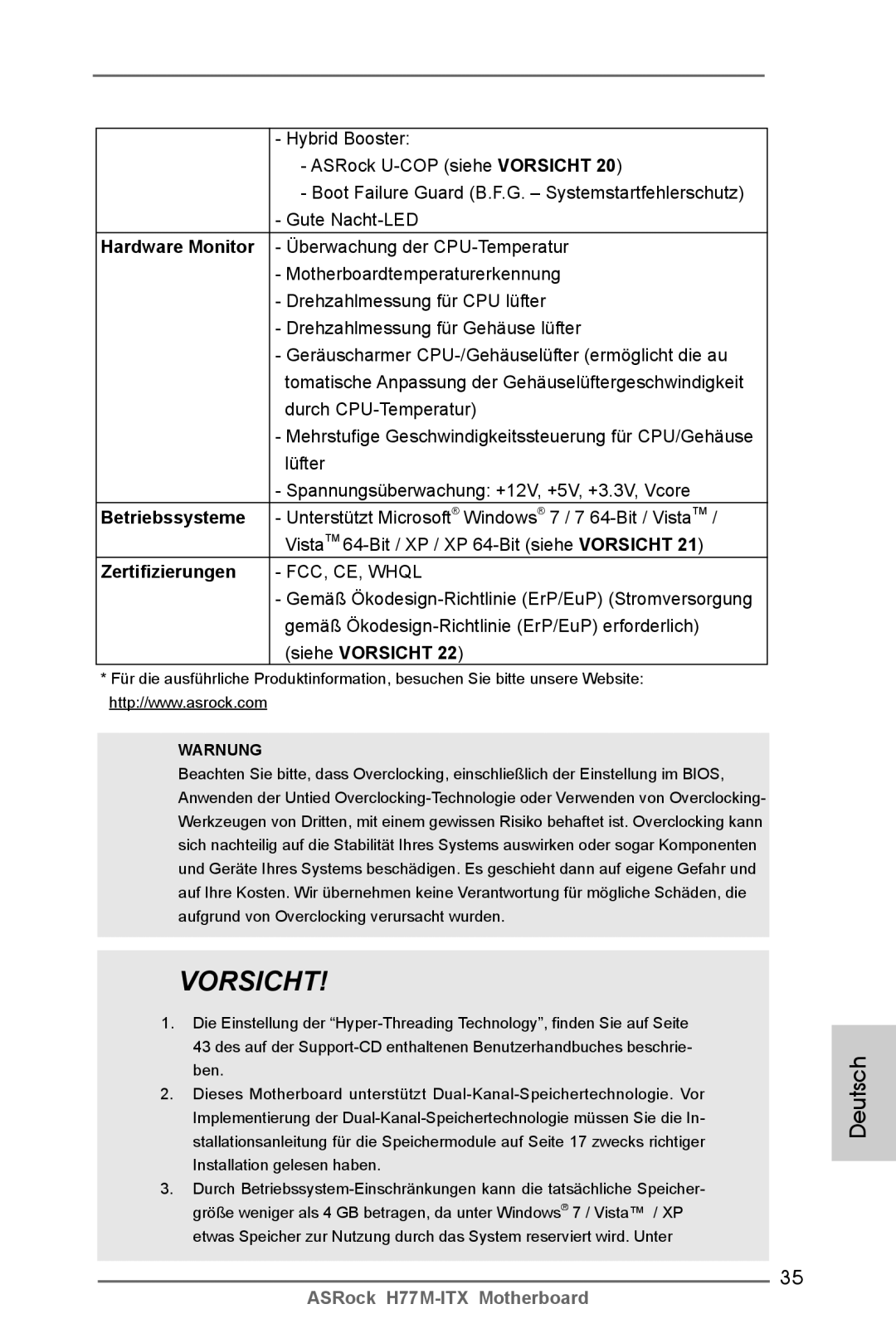 ASRock H77M-ITX manual Zertifizierungen, Warnung 