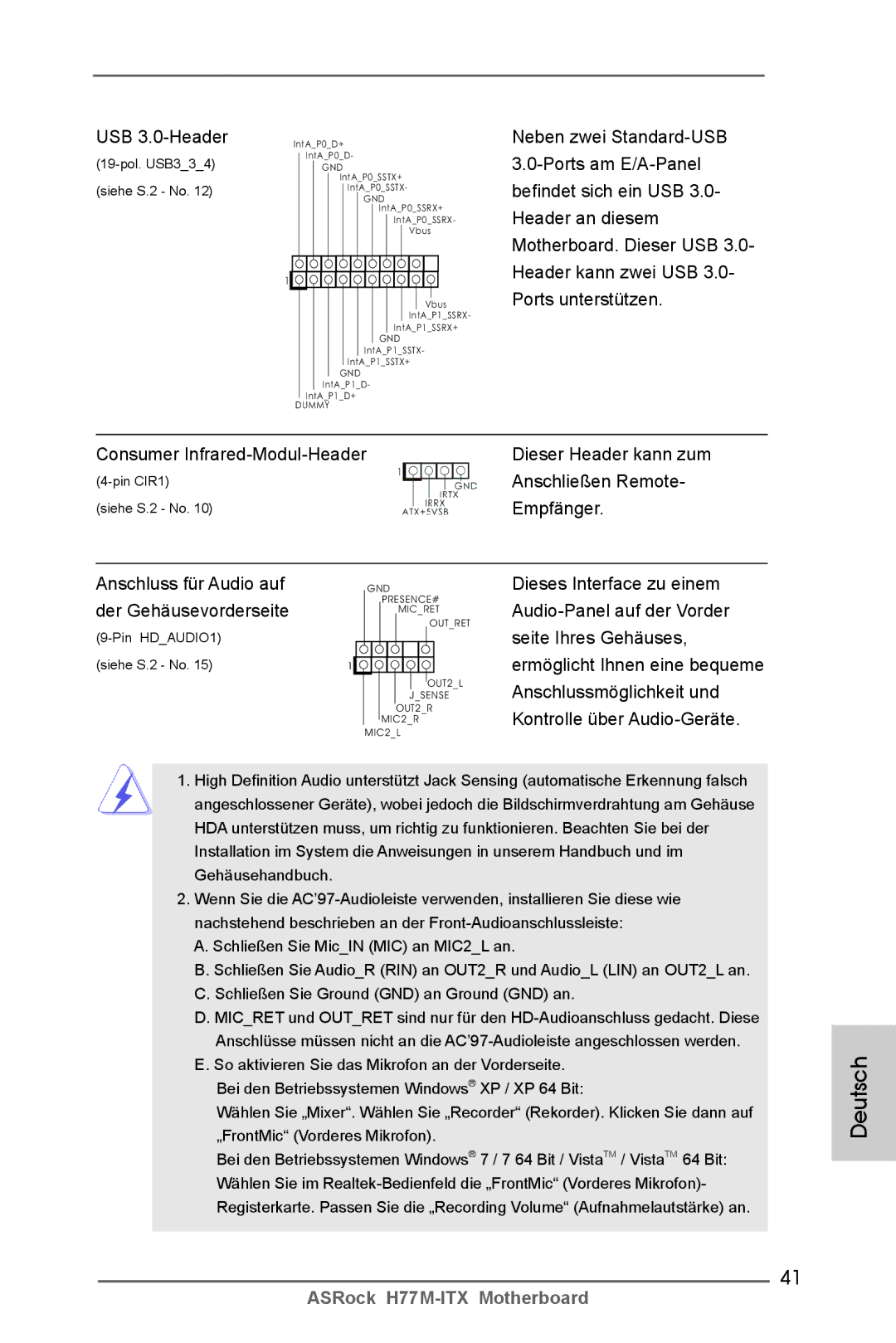 ASRock H77M-ITX manual USB 3.0-Header, Anschließen Remote, Empfänger, Anschluss für Audio auf, Der Gehäusevorderseite 
