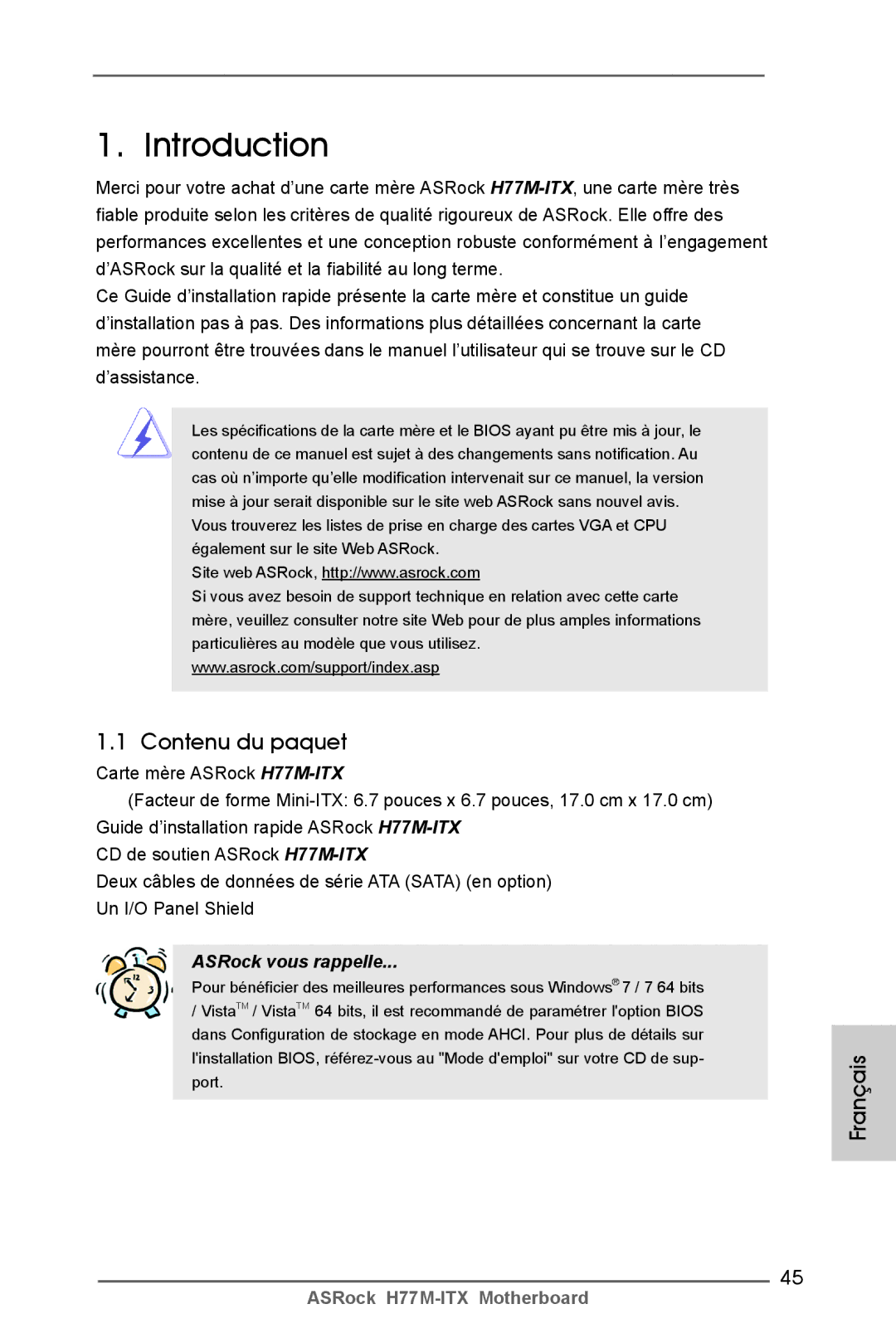 ASRock H77M-ITX manual Contenu du paquet, Français 