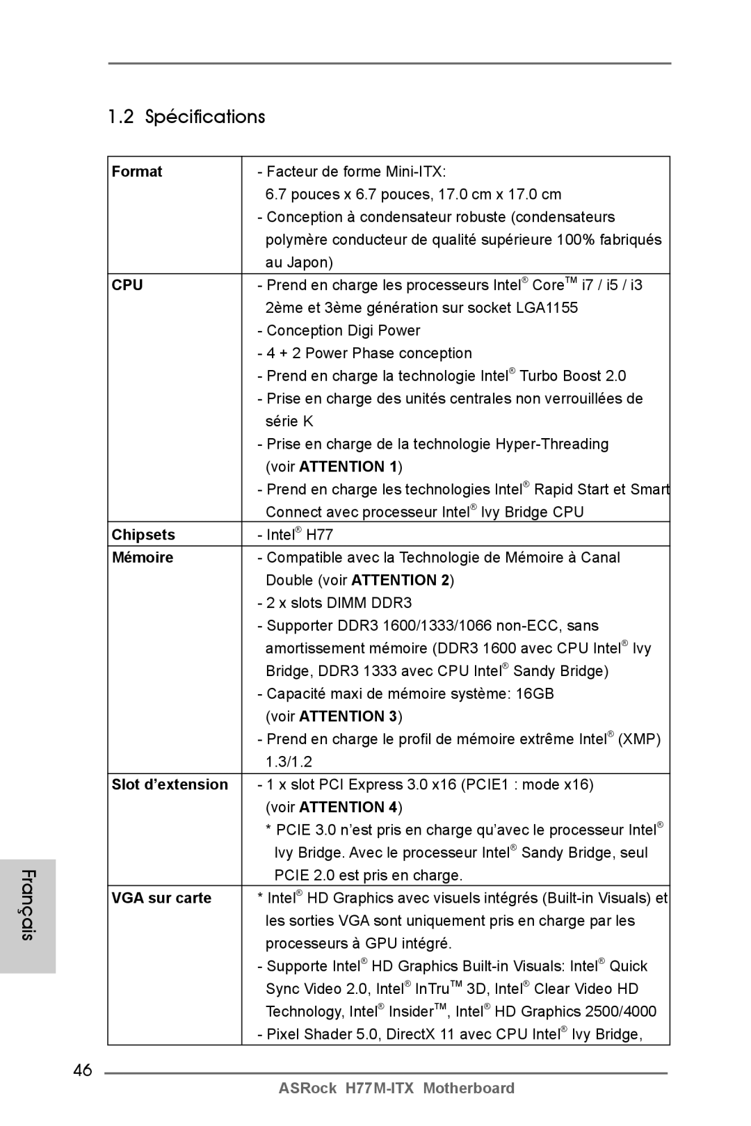 ASRock H77M-ITX manual Spécifications Français 