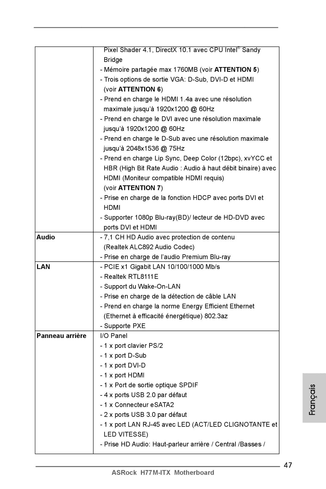 ASRock H77M-ITX manual Prise en charge de la fonction Hdcp avec ports DVI et, Panneau arrière 