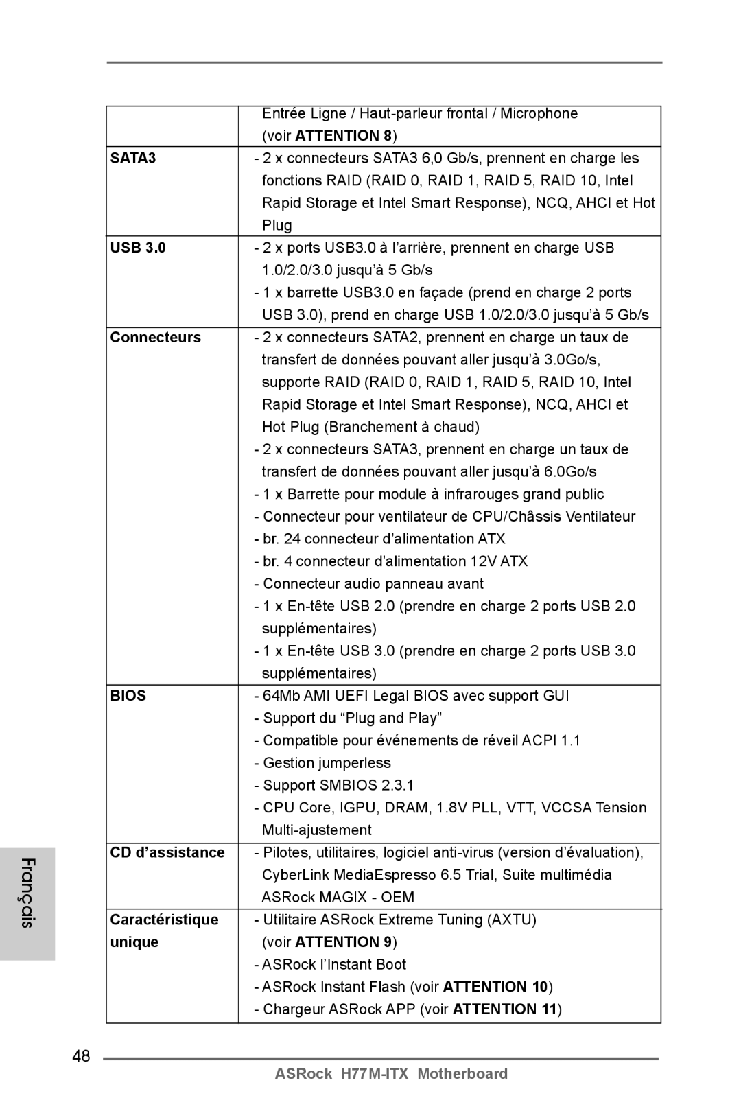 ASRock H77M-ITX manual Usb, Connecteurs, Caractéristique, Unique Voir Attention 