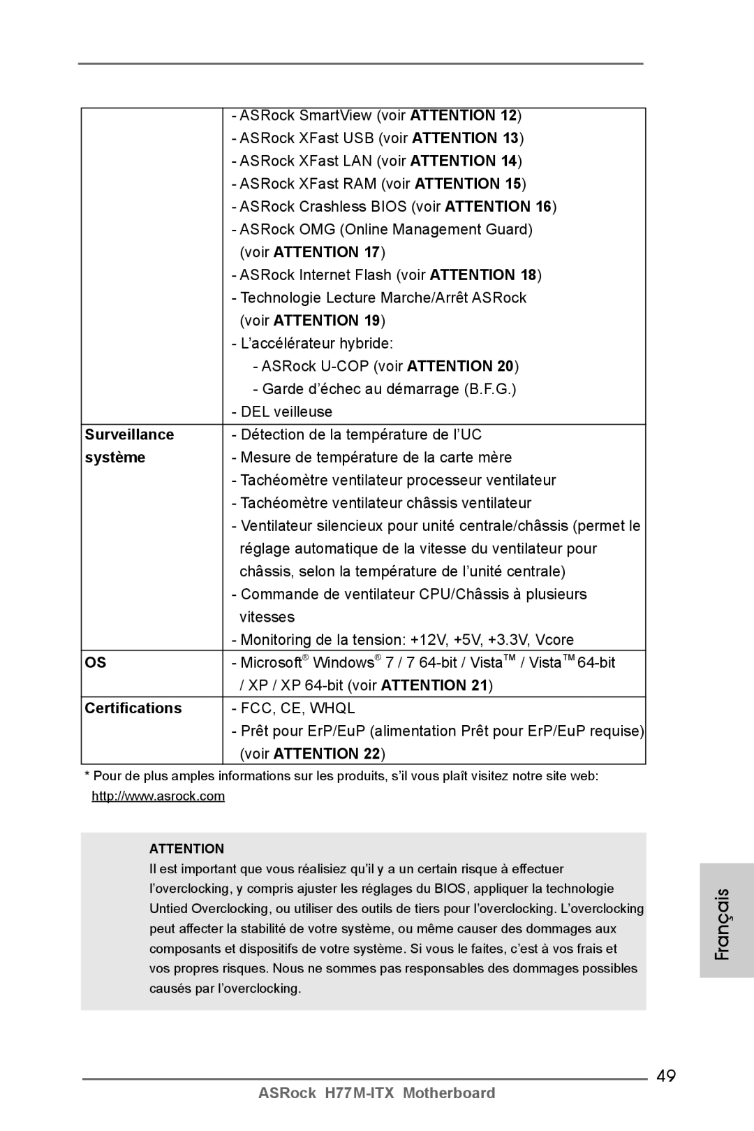 ASRock H77M-ITX manual Surveillance, Système 