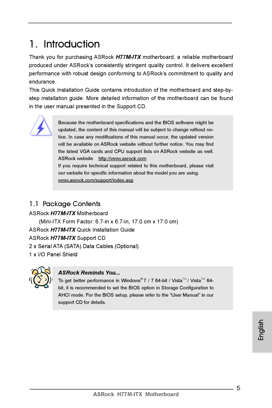 ASRock H77M-ITX manual Introduction, Package Contents 