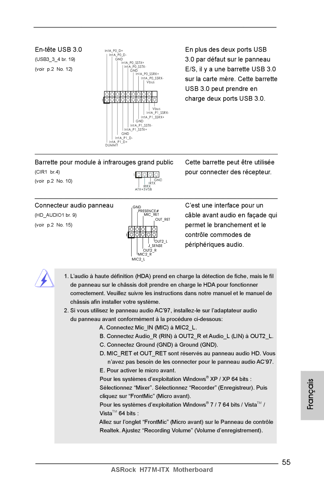 ASRock H77M-ITX manual En-tête USB, Connecteur audio panneau 