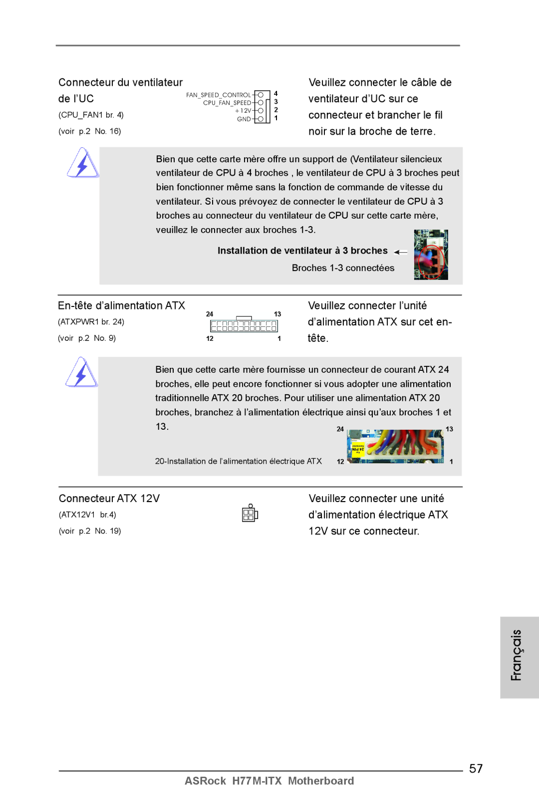 ASRock H77M-ITX manual De l’UC, Connecteur ATX, ’alimentation électrique ATX, 12V sur ce connecteur 