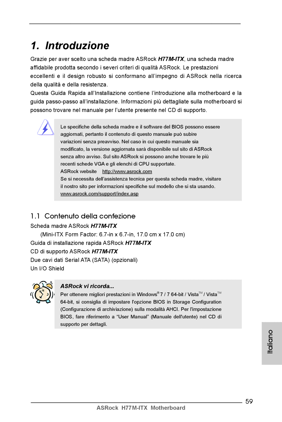 ASRock H77M-ITX manual Contenuto della confezione, Italiano 