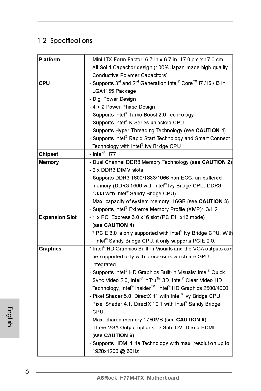 ASRock H77M-ITX manual English Specifications 