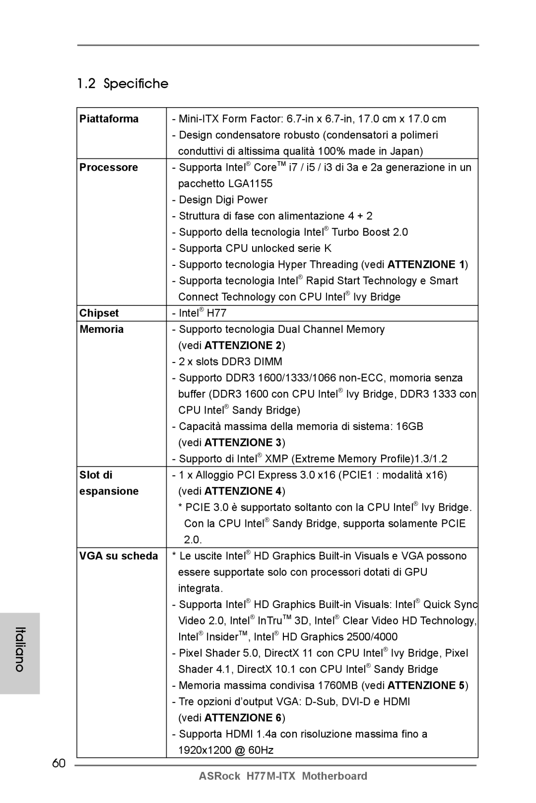 ASRock H77M-ITX manual Specifiche 