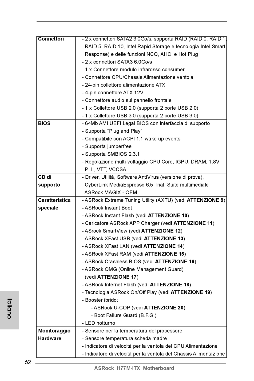 ASRock H77M-ITX manual Connettori, CD di, Supporto, Caratteristica, Speciale, Monitoraggio 