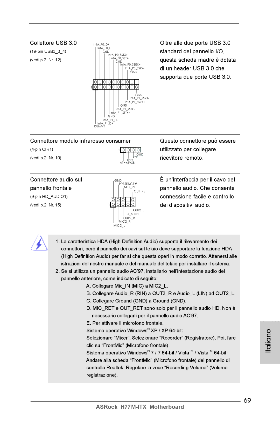 ASRock H77M-ITX manual Collettore USB, Utilizzato per collegare, Ricevitore remoto, Connettore audio sul, Pannello frontale 