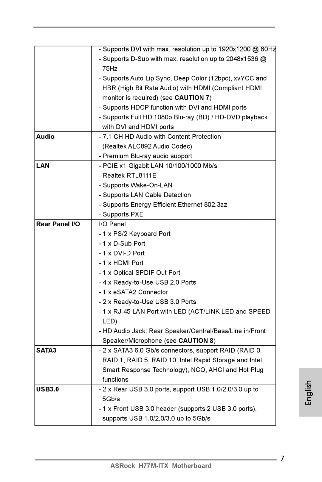 ASRock H77M-ITX manual Audio, Rear Panel I/O, USB3.0 