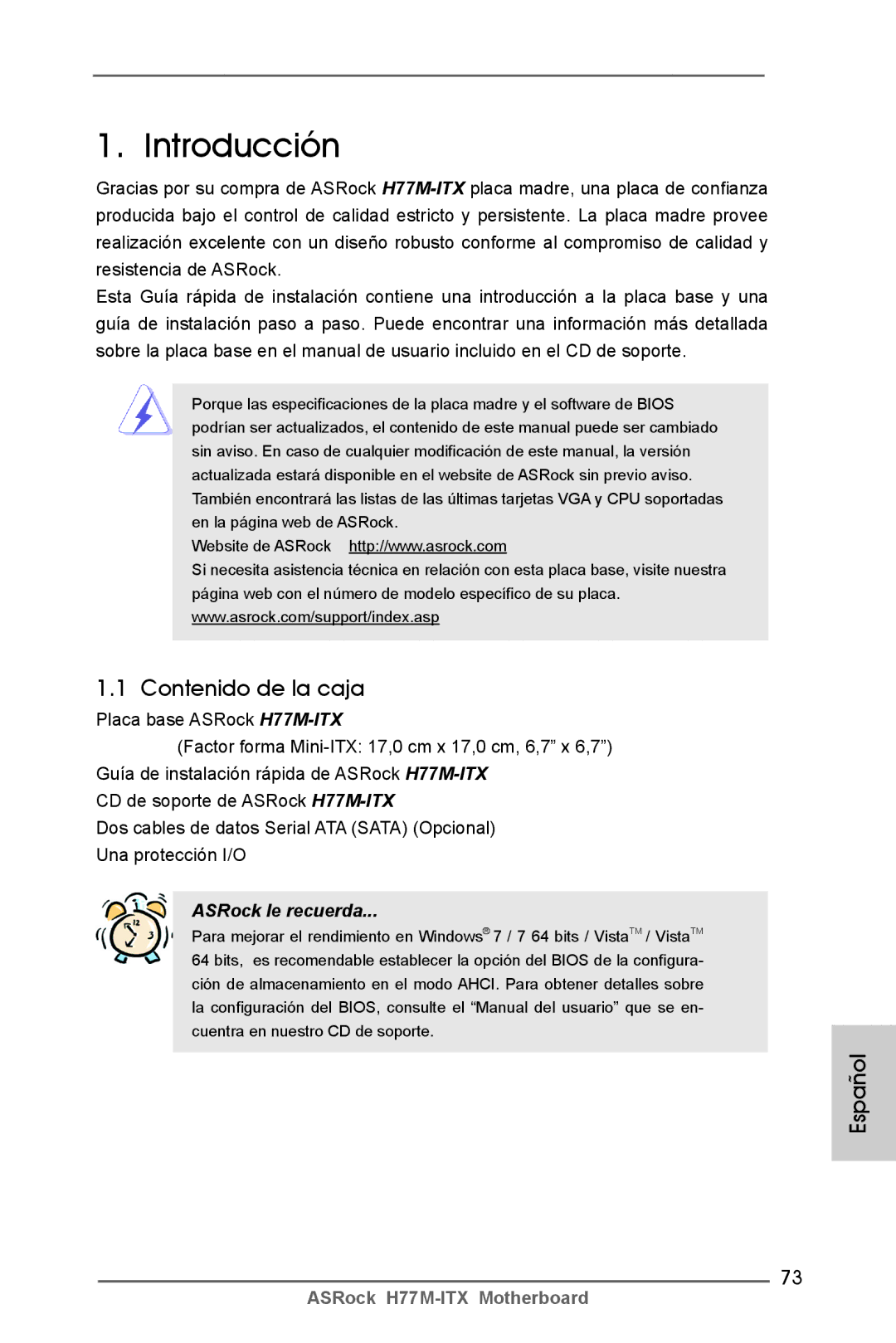 ASRock H77M-ITX manual Introducción, Contenido de la caja, Español 