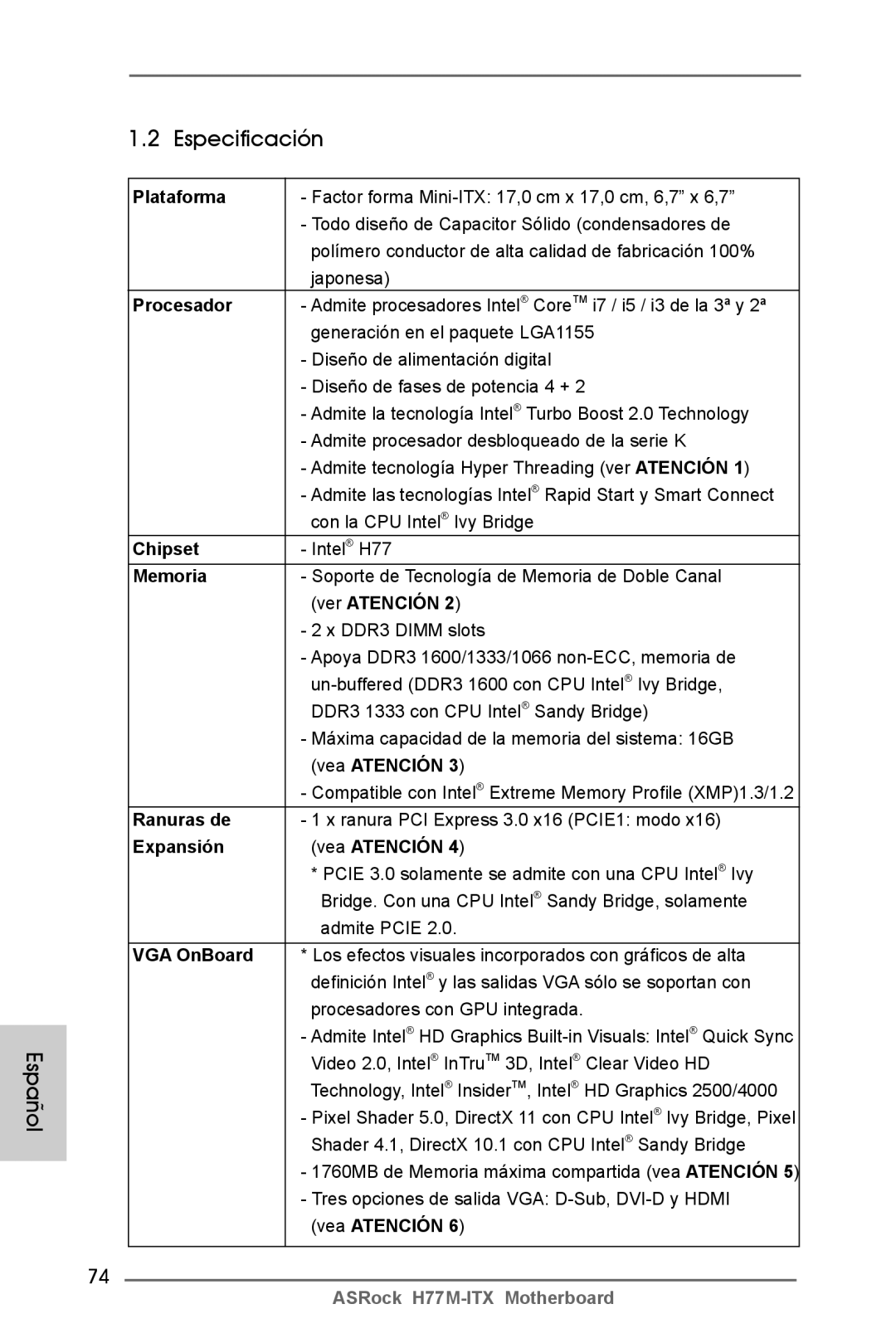 ASRock H77M-ITX manual Español Especificación 