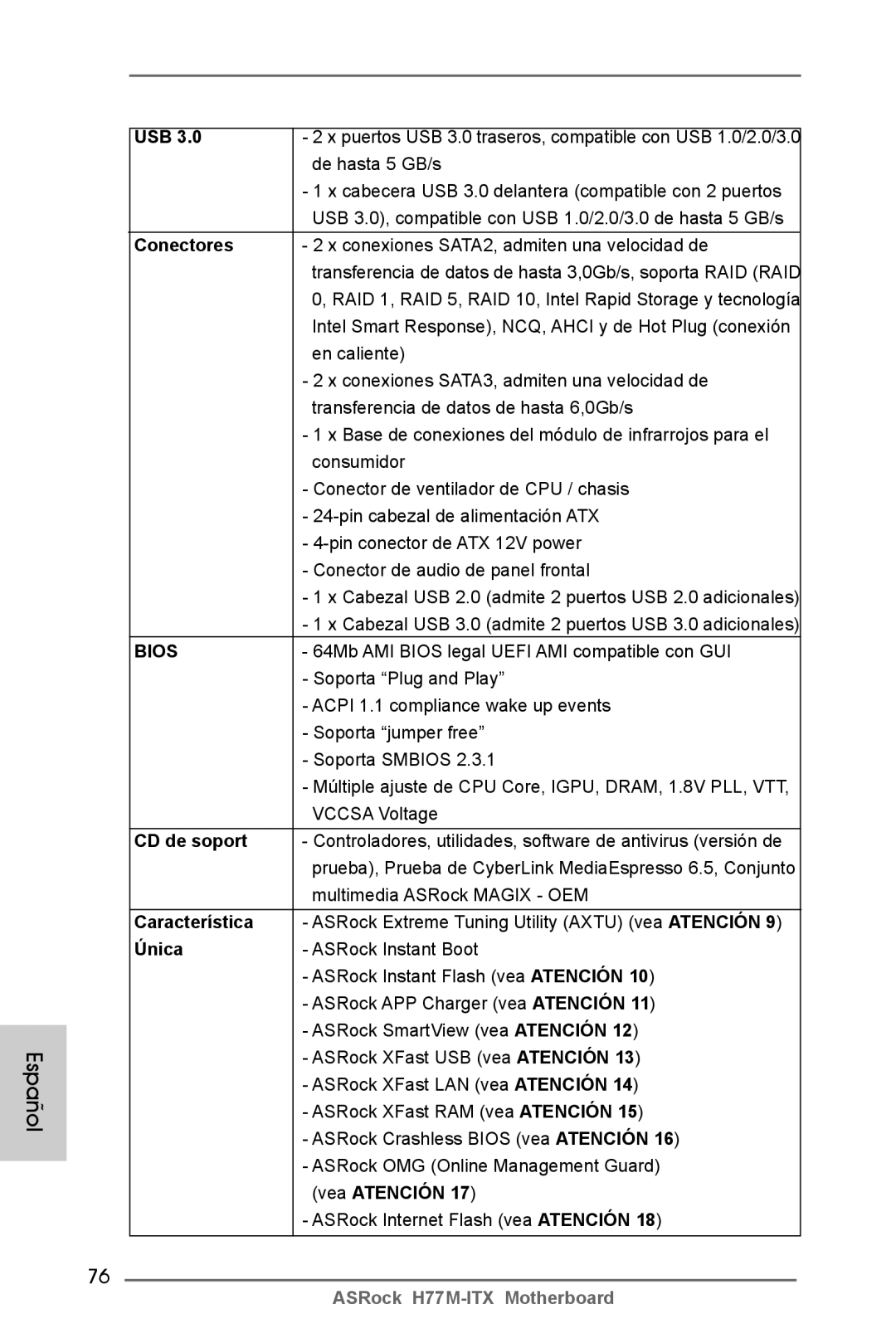 ASRock H77M-ITX manual Conectores, CD de soport, Característica, Única 