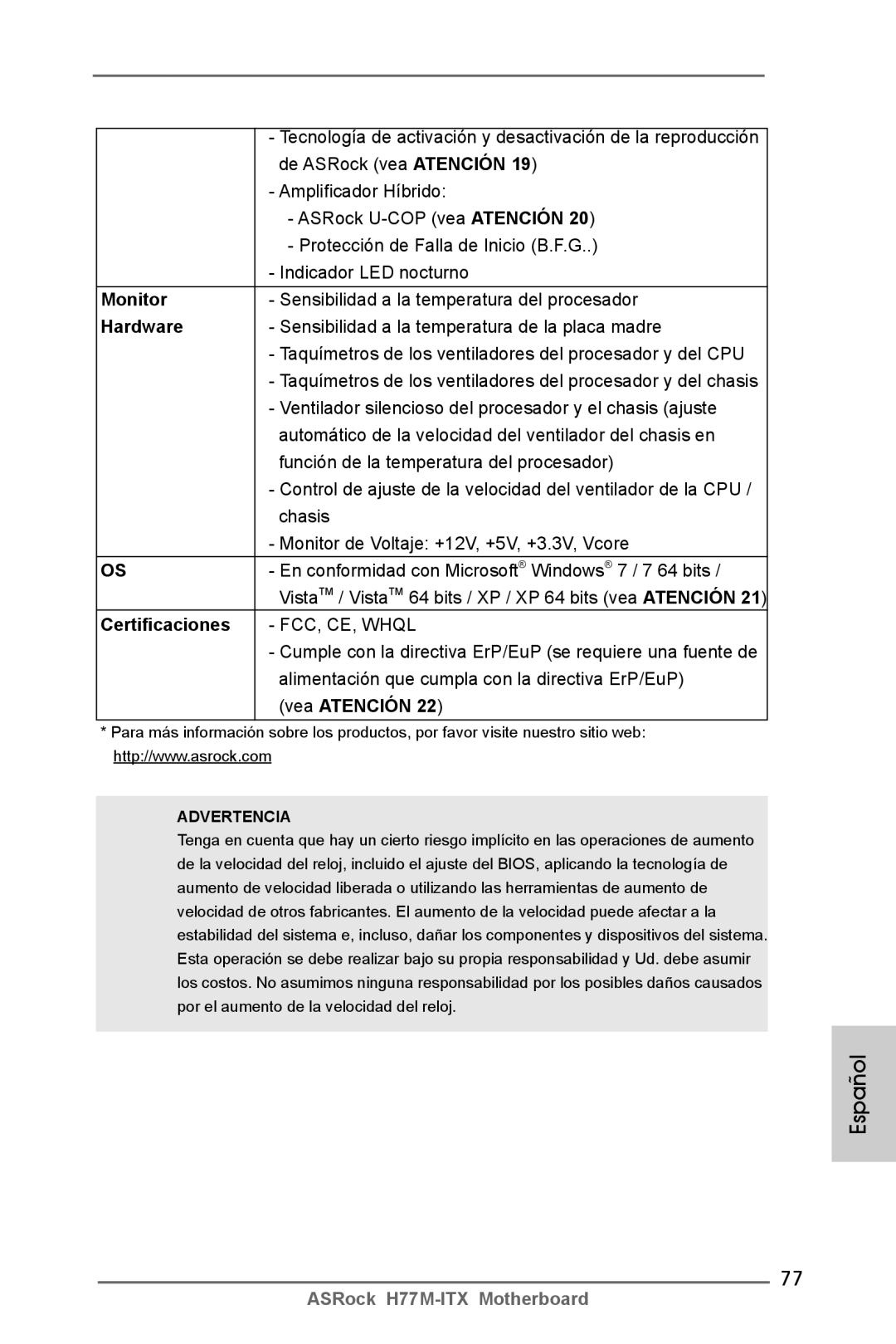 ASRock H77M-ITX manual Certificaciones 