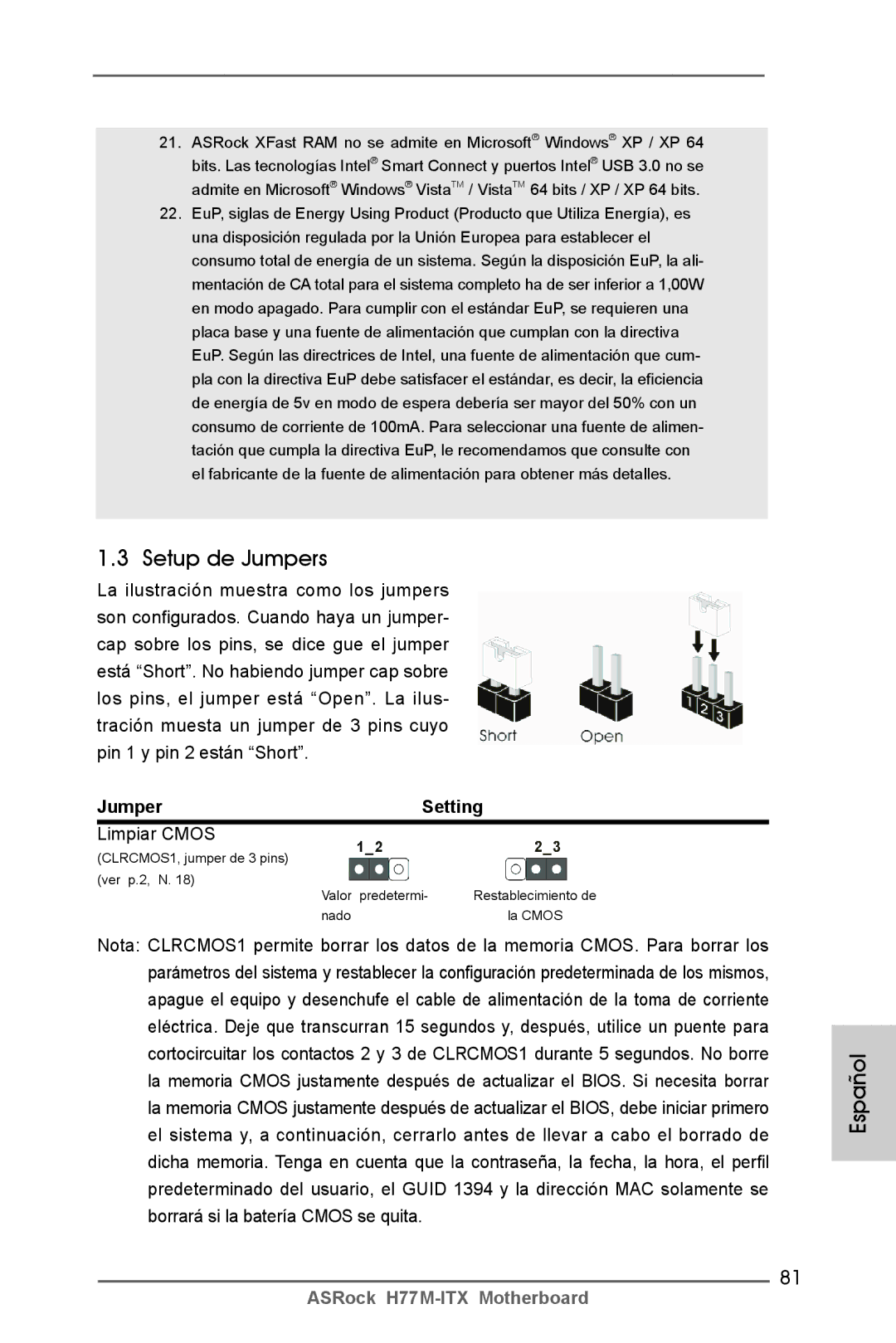 ASRock H77M-ITX manual Setup de Jumpers, Jumper Setting, Limpiar Cmos 