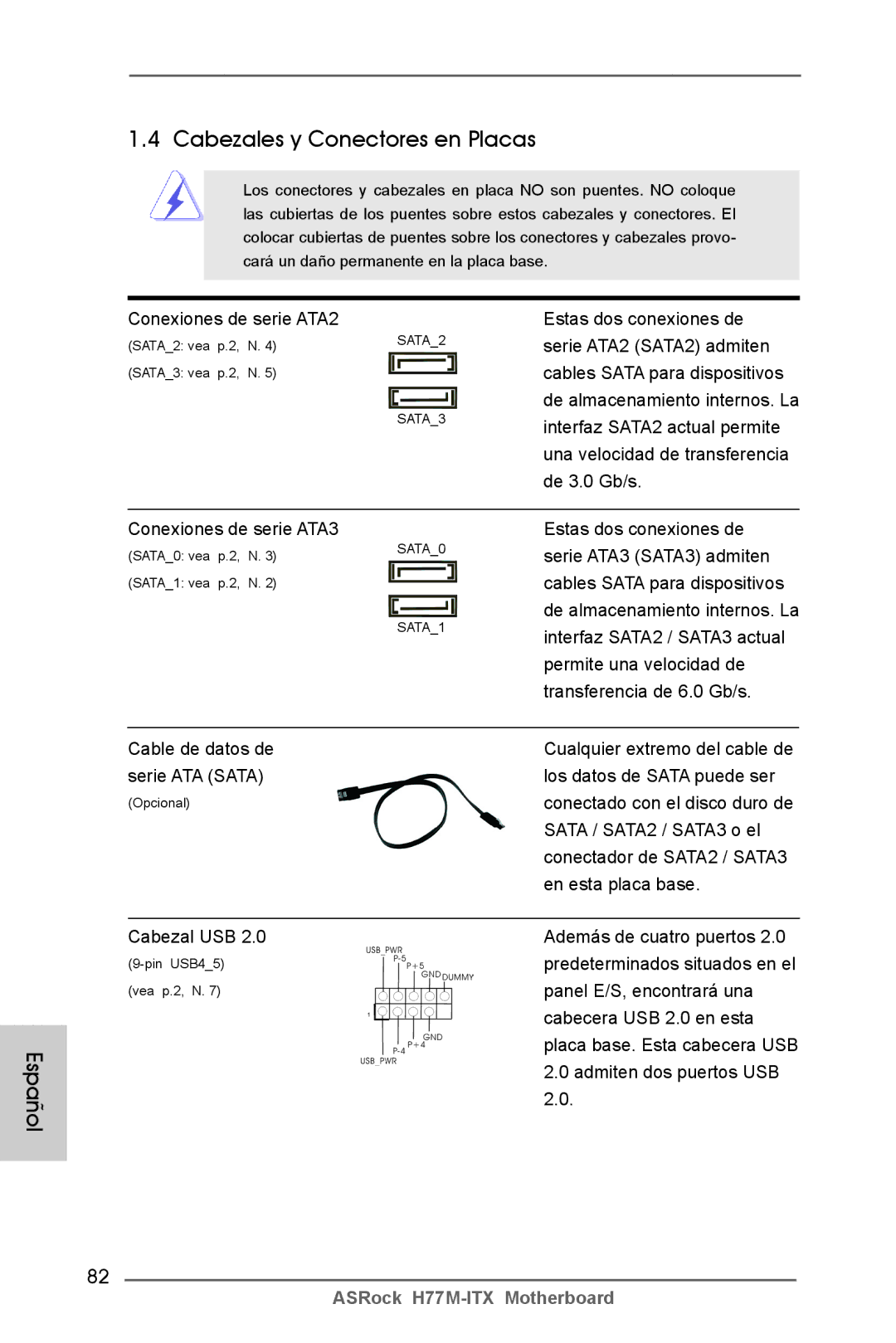 ASRock H77M-ITX manual Cabezales y Conectores en Placas 