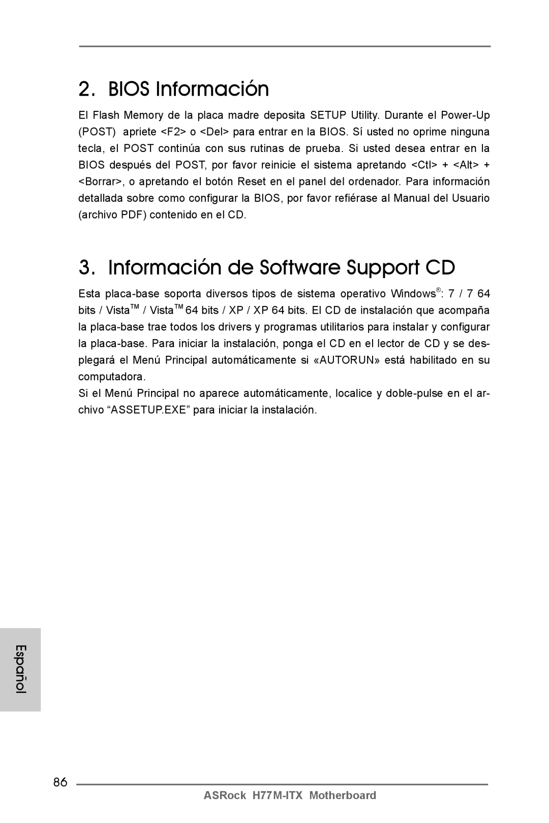 ASRock H77M-ITX manual Bios Información Información de Software Support CD 