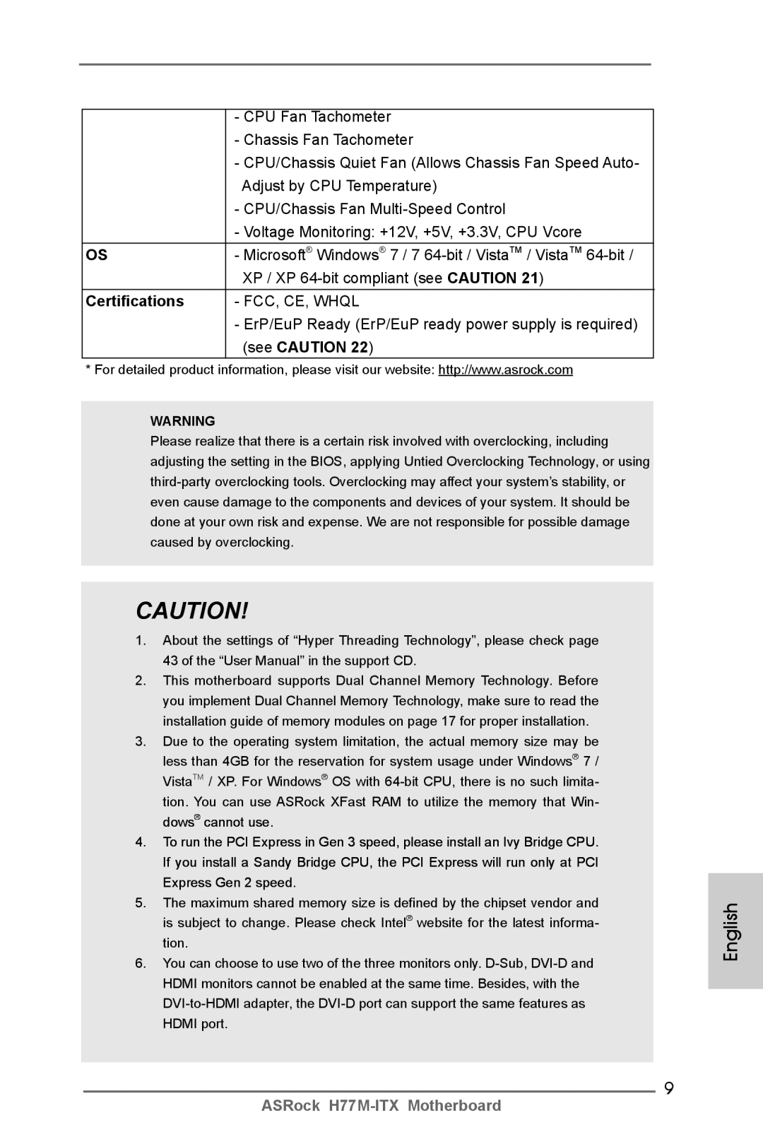 ASRock H77M-ITX manual Certifications 