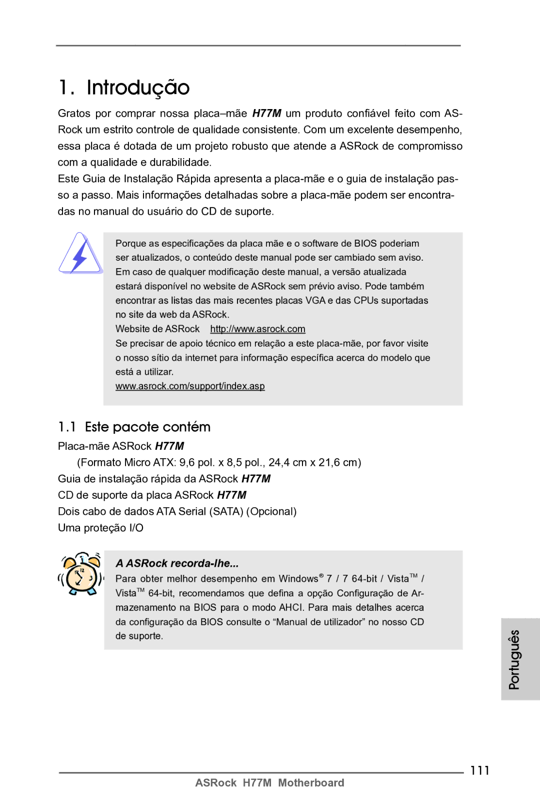 ASRock H77M manual Introdução, Este pacote contém, Português, 111 