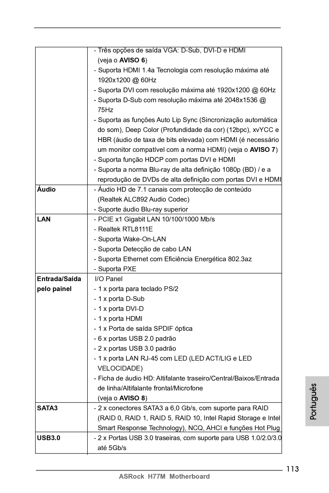 ASRock H77M manual 113, Áudio, Entrada/Saída, Pelo painel 