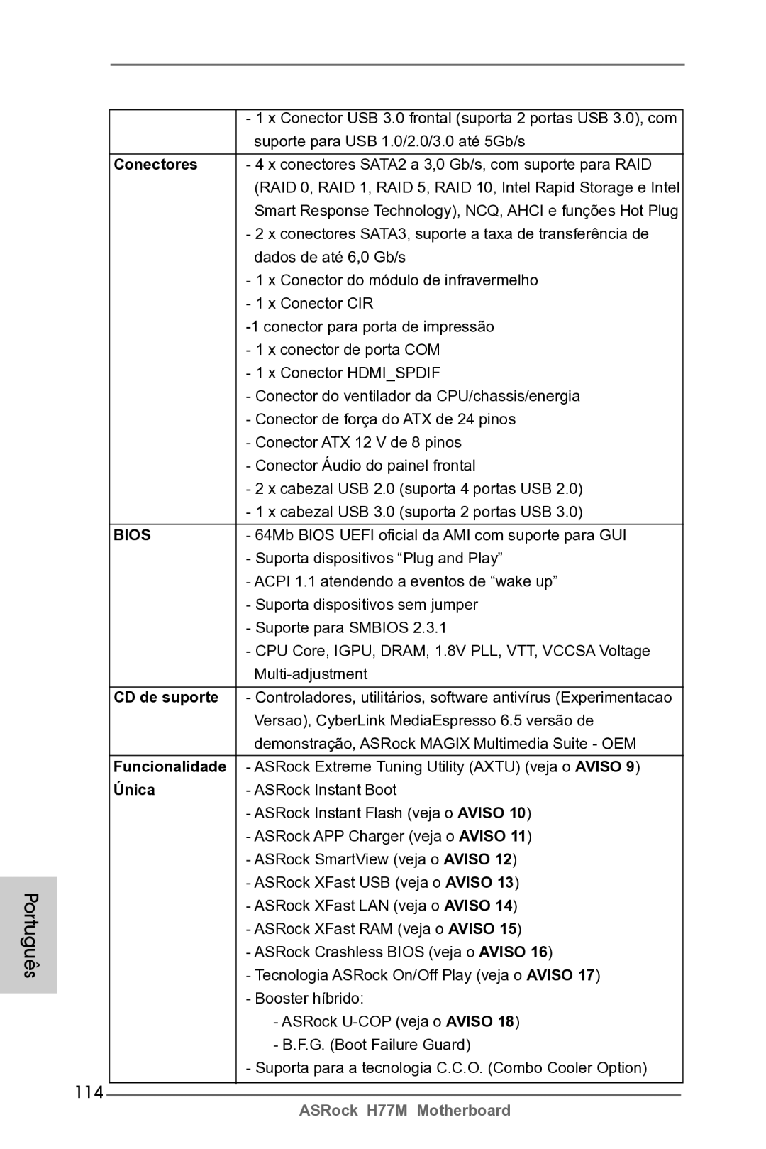 ASRock H77M manual 114, CD de suporte, Funcionalidade 