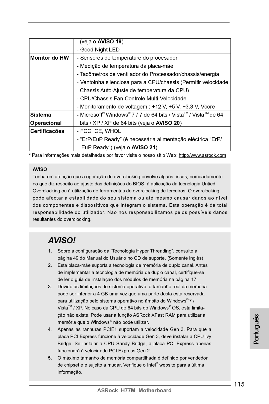 ASRock H77M manual 115, Monitor do HW, Sistema, Operacional, Certificações 