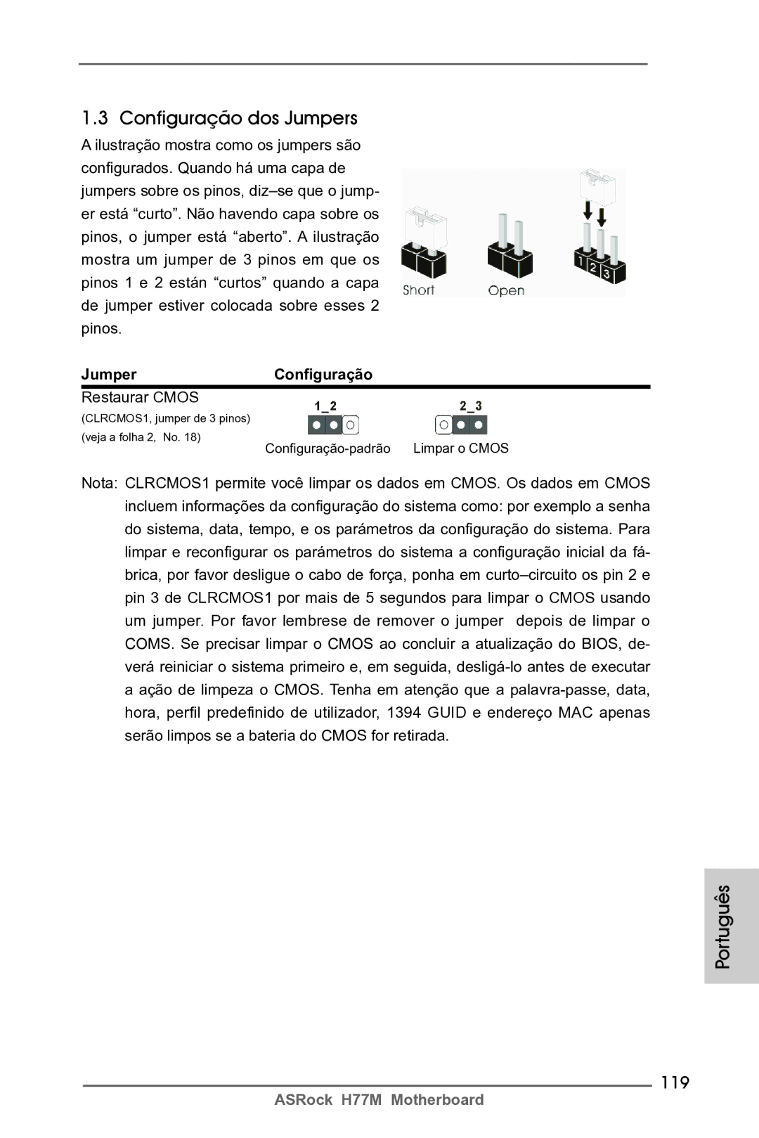 ASRock H77M manual Configuração dos Jumpers, 119, JumperConfiguração, Restaurar Cmos 