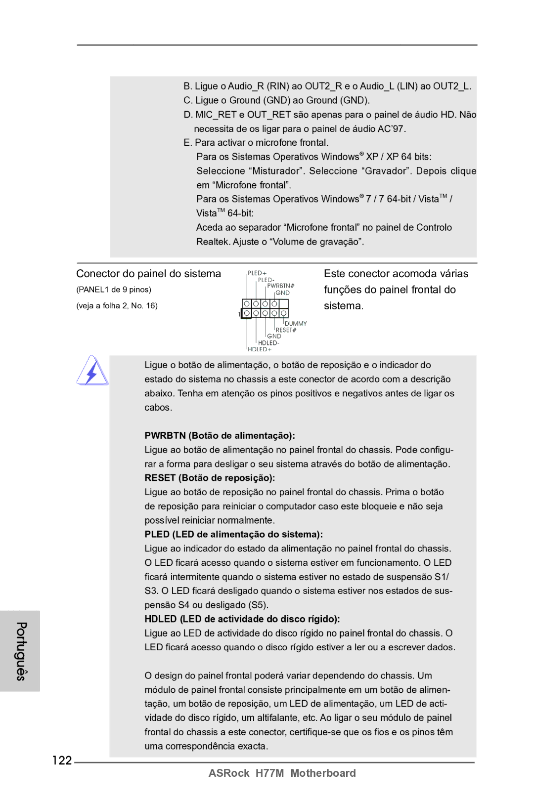 ASRock H77M manual 122, Conector do painel do sistema, Funções do painel frontal do 