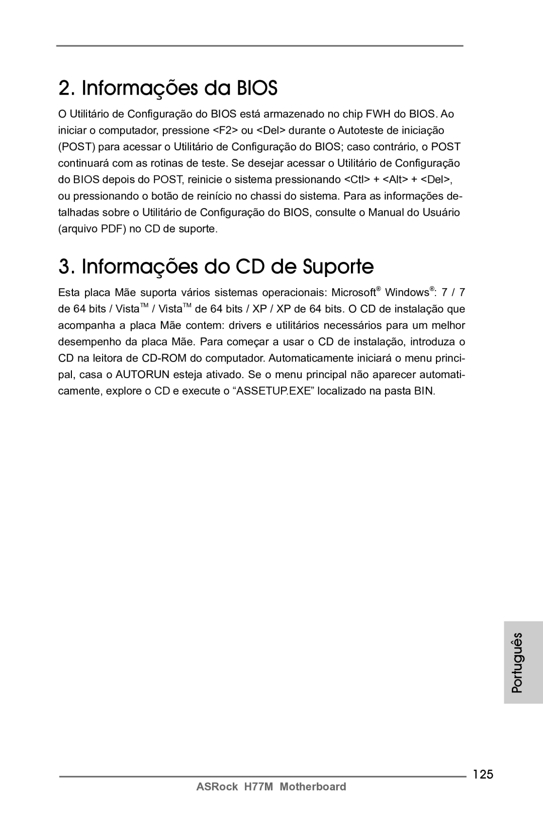 ASRock H77M manual Informações da Bios Informações do CD de Suporte, 125 