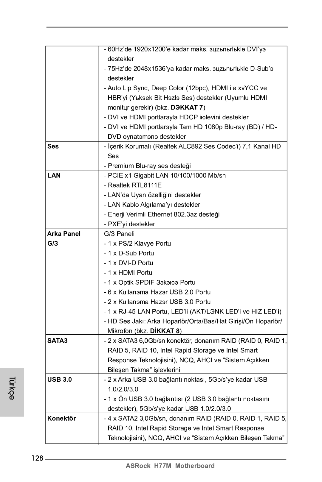 ASRock H77M manual 128, Ses, Arka Panel, Konektör 