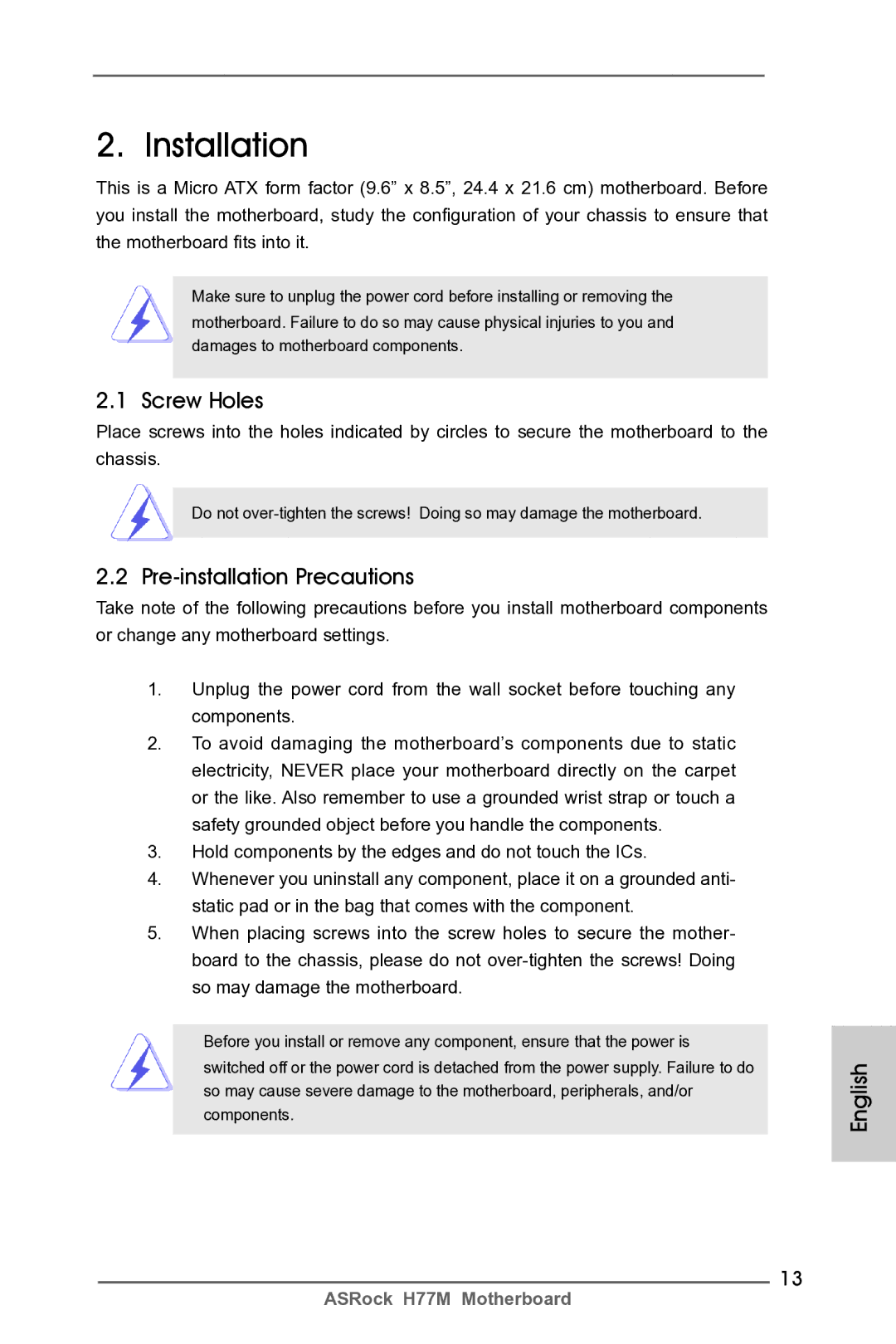 ASRock H77M manual Installation, Screw Holes, Pre-installation Precautions 