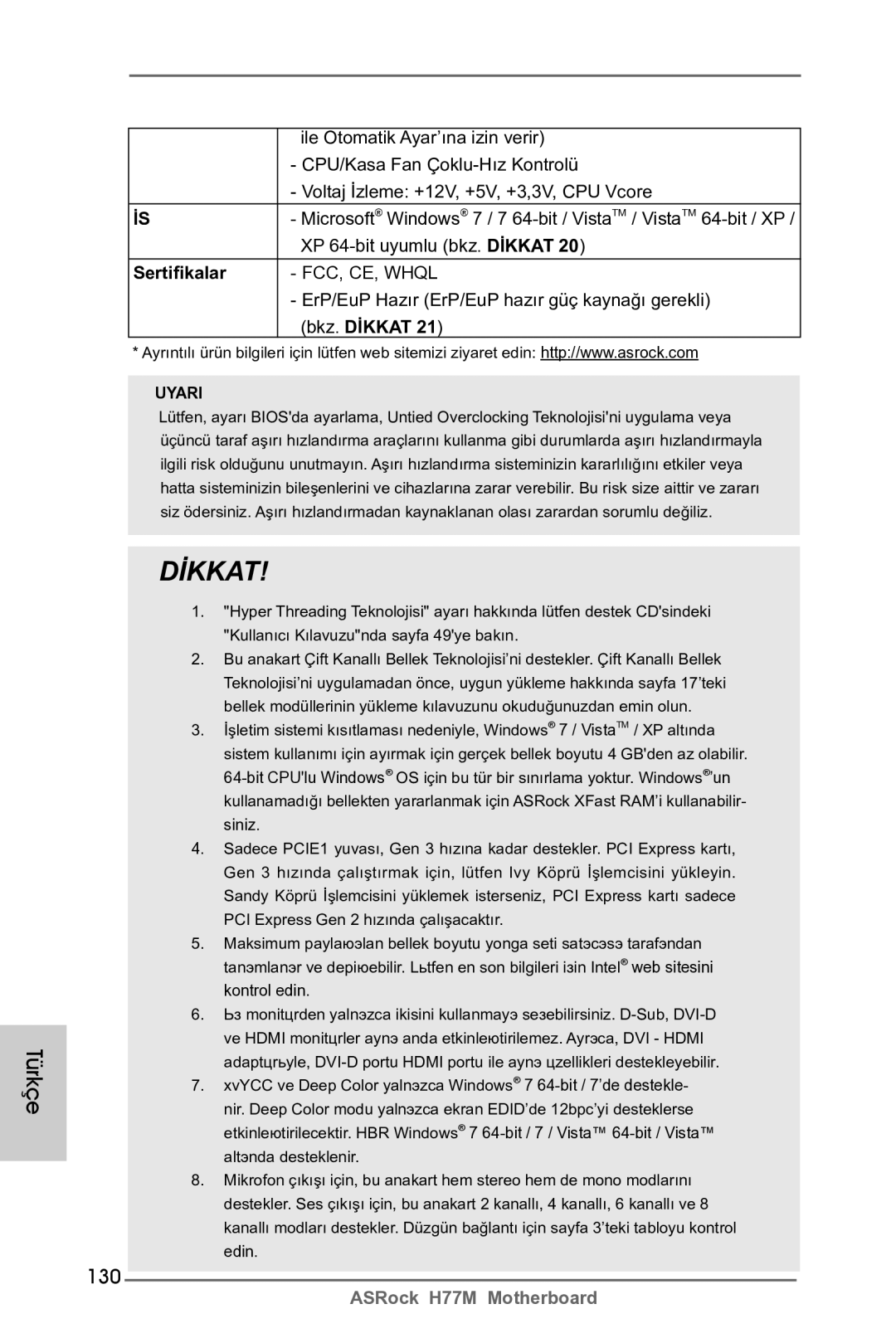 ASRock H77M manual 130, Sertifikalar 