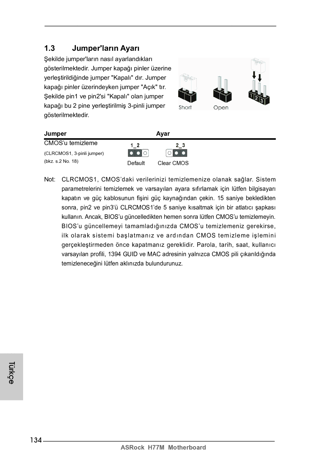 ASRock H77M manual 134, Jumper Ayar, CMOS’u temizleme 