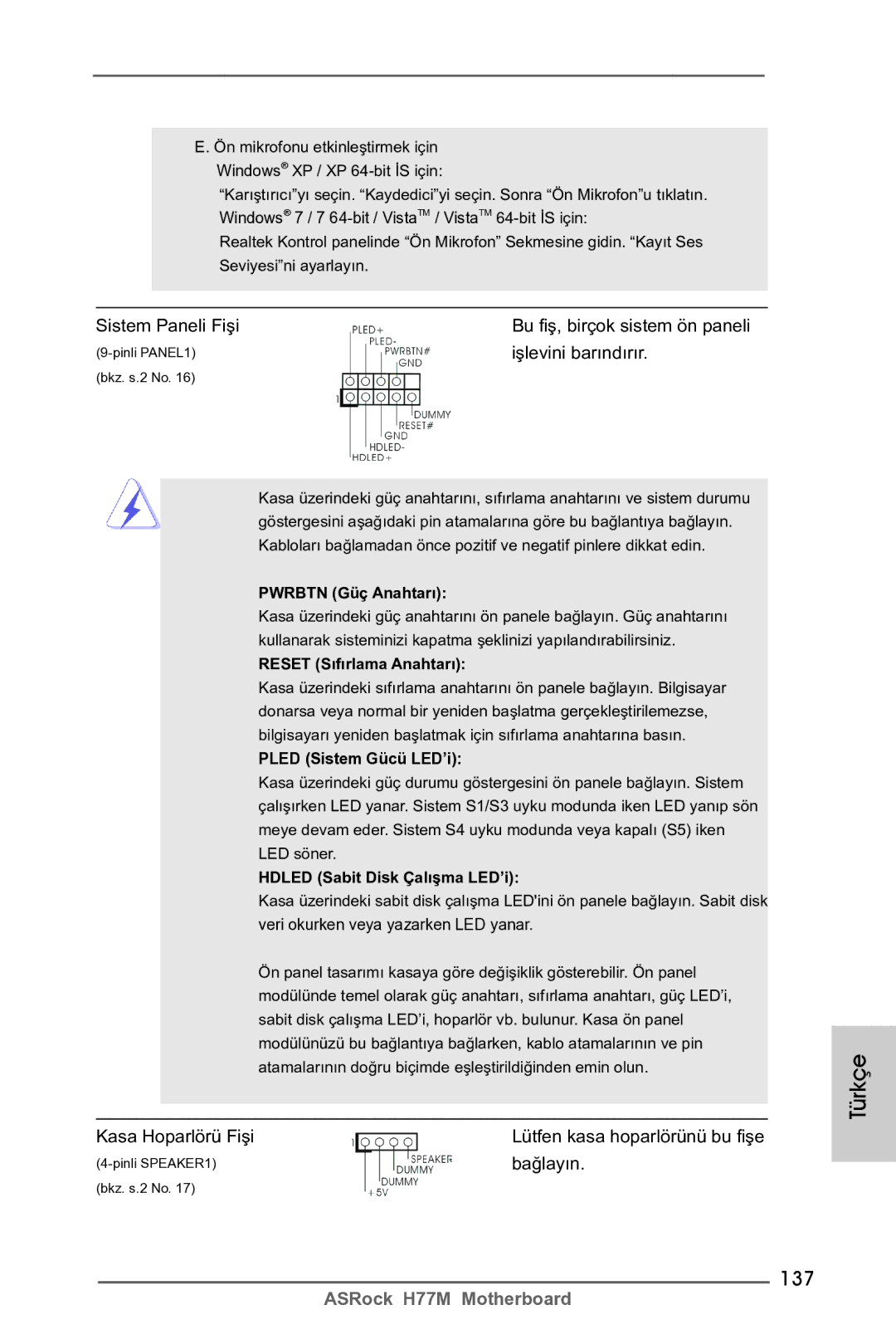 ASRock H77M manual 137, Sistem Paneli Fişi, Işlevini barındırır, Kasa Hoparlörü Fişi, Bağlayın 