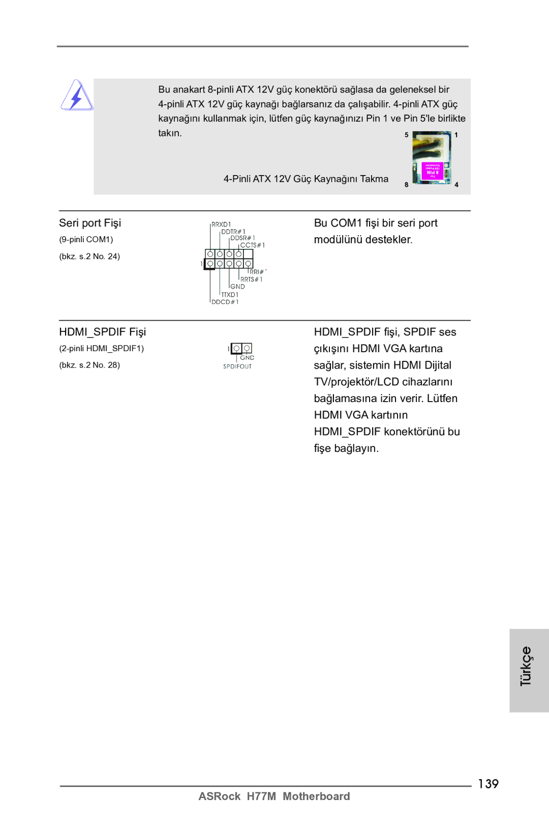 ASRock H77M manual 139, Seri port Fişi Bu COM1 fişi bir seri port, Modülünü destekler 