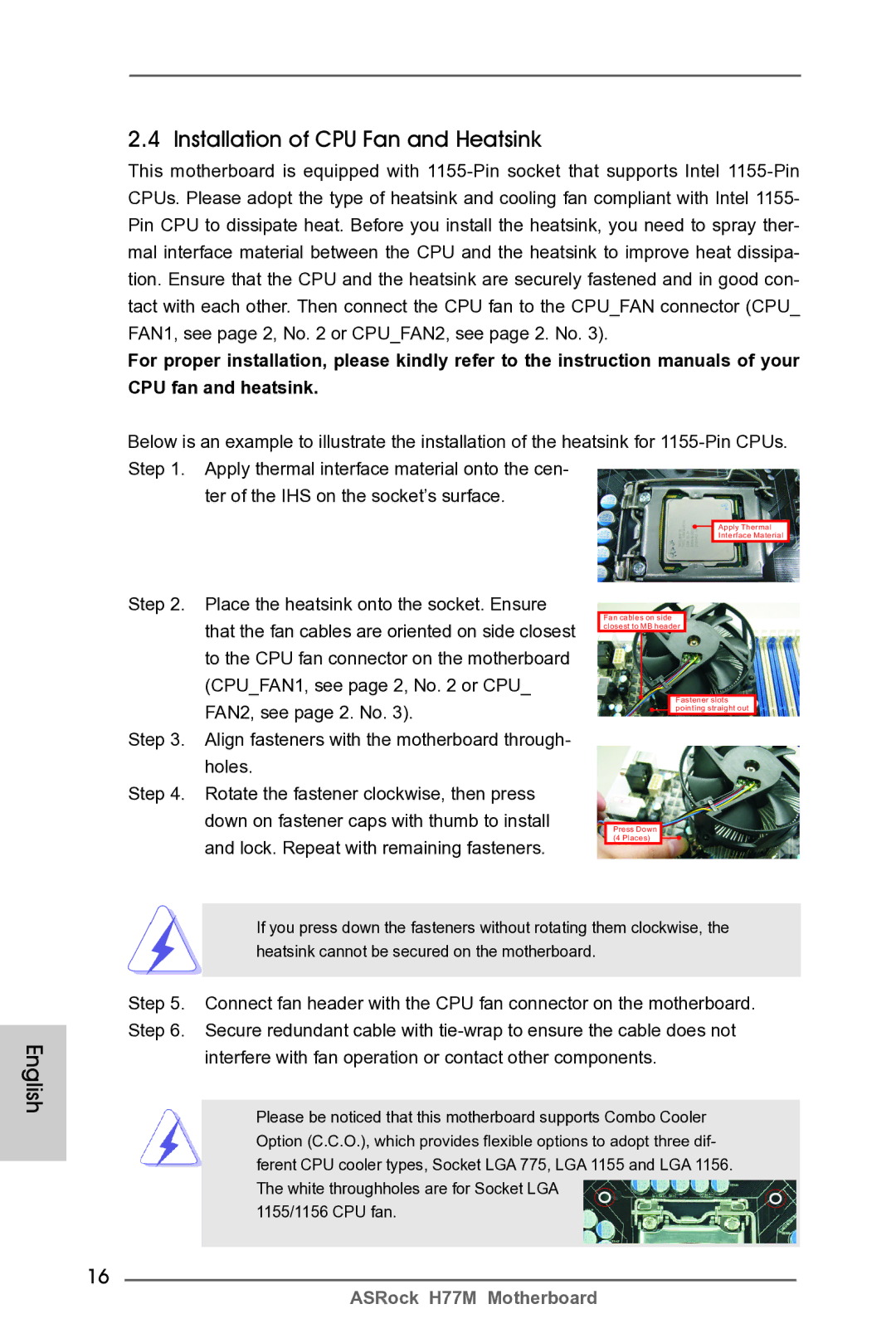 ASRock H77M manual Installation of CPU Fan and Heatsink 