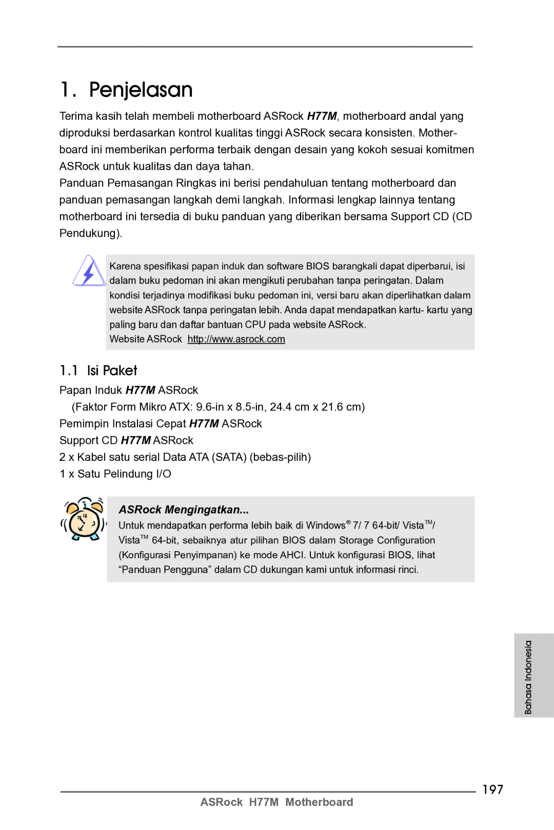 ASRock H77M manual Penjelasan, Isi Paket, 197 