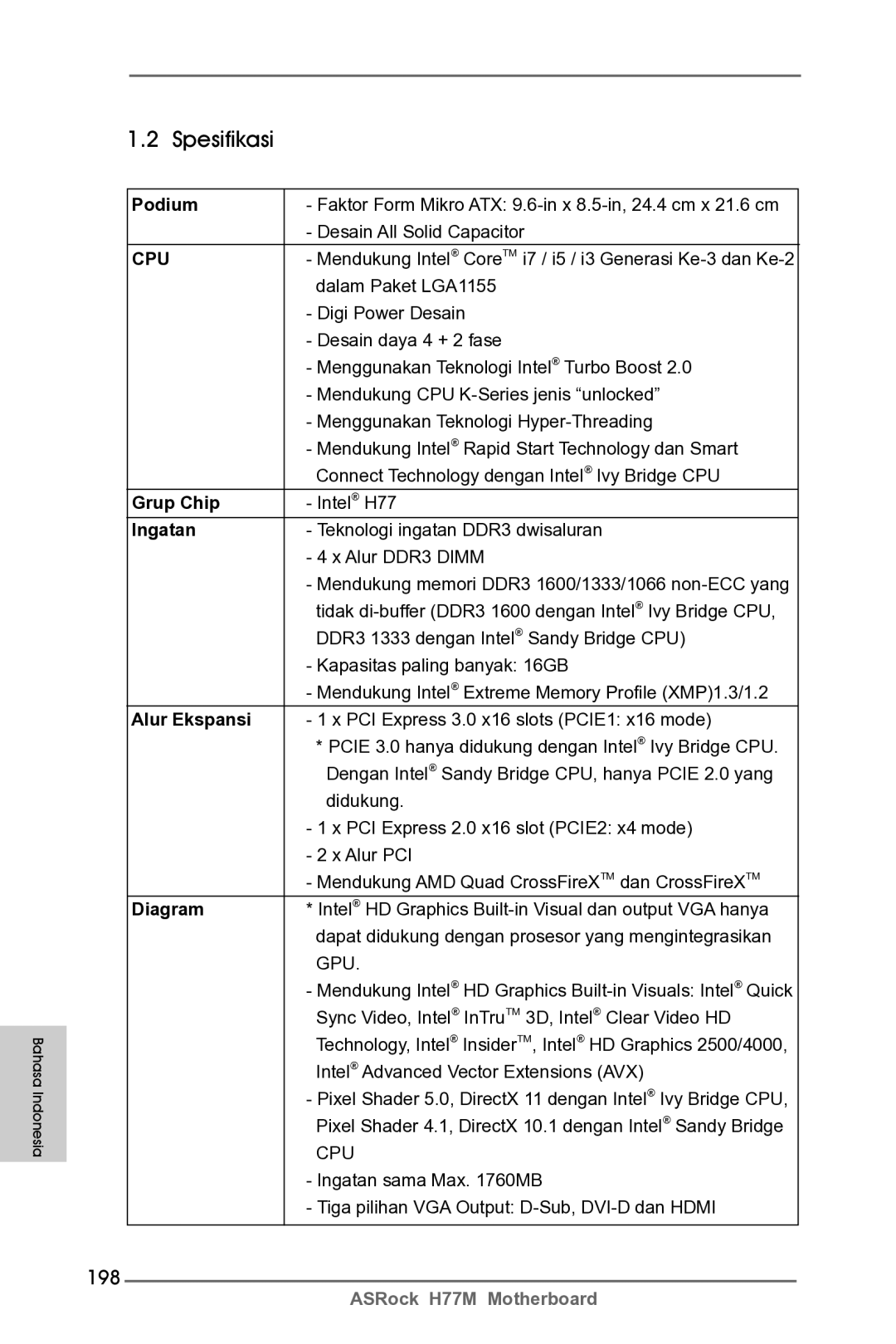 ASRock H77M manual Spesifikasi, 198 