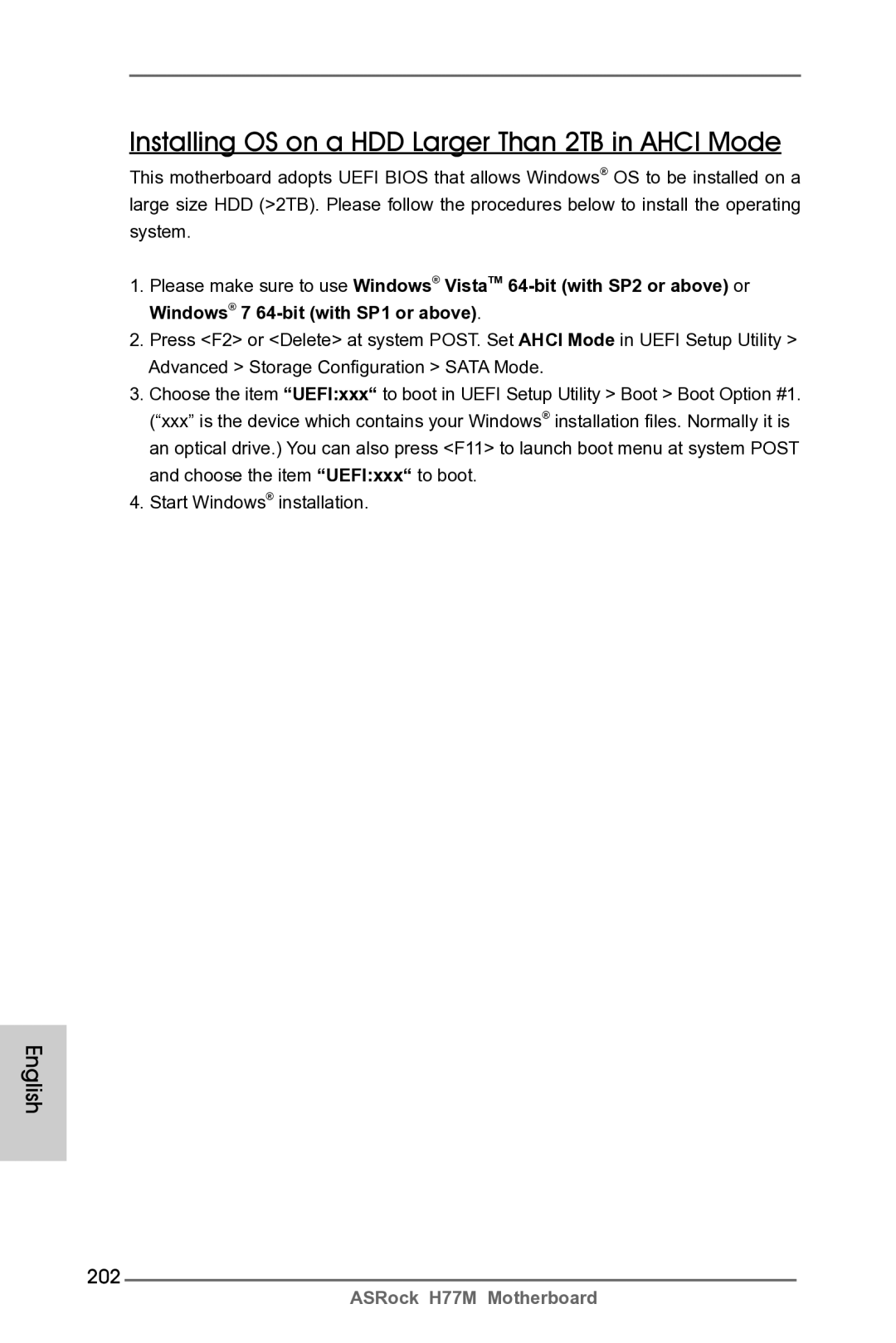 ASRock H77M manual Installing OS on a HDD Larger Than 2TB in Ahci Mode, 202 