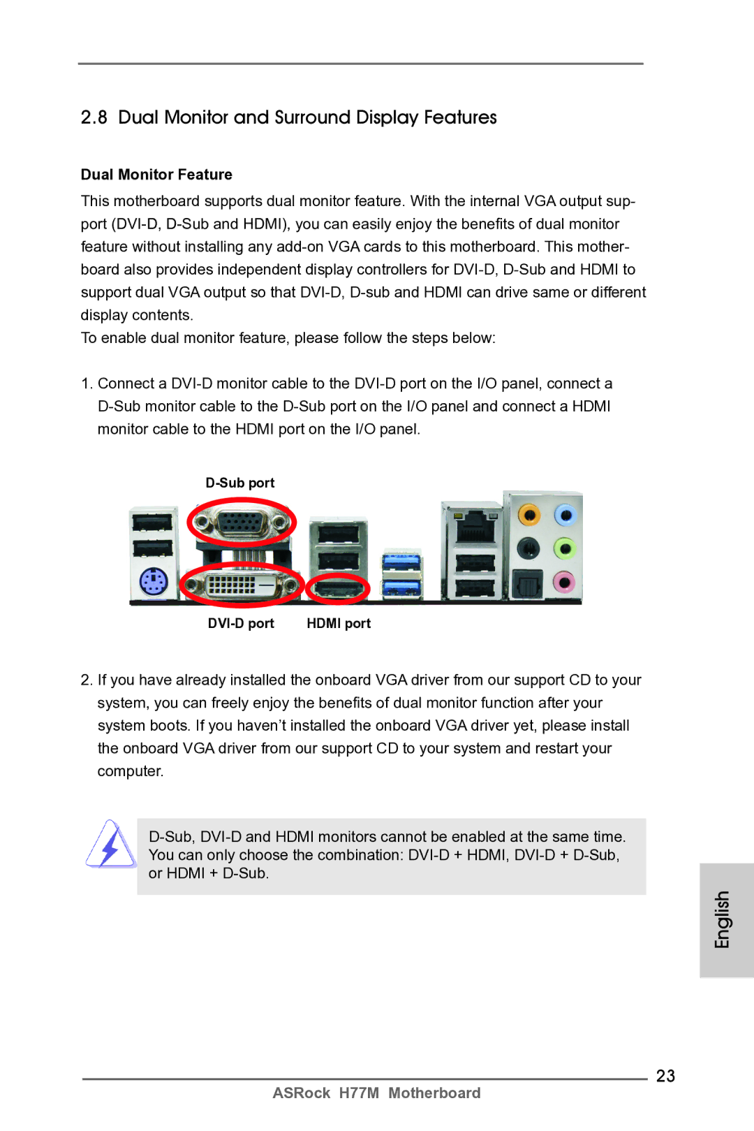 ASRock H77M manual Dual Monitor and Surround Display Features, Dual Monitor Feature, Sub port DVI-D port 