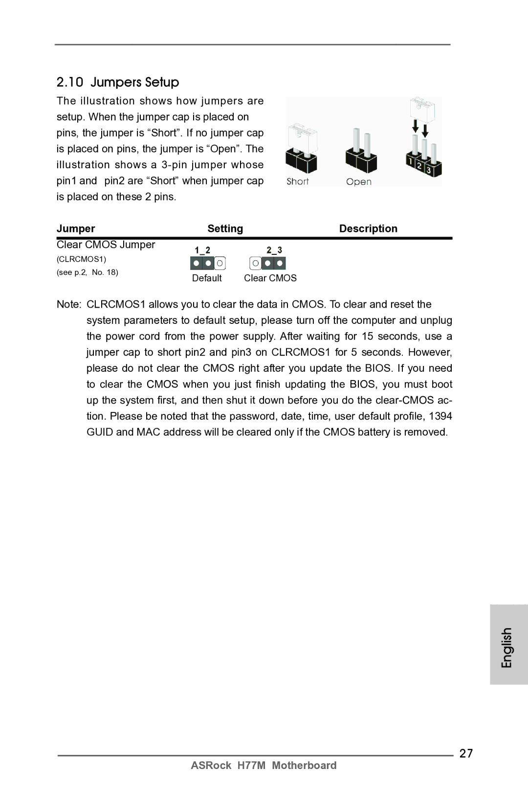 ASRock H77M manual Jumpers Setup, Description, Clear Cmos Jumper 