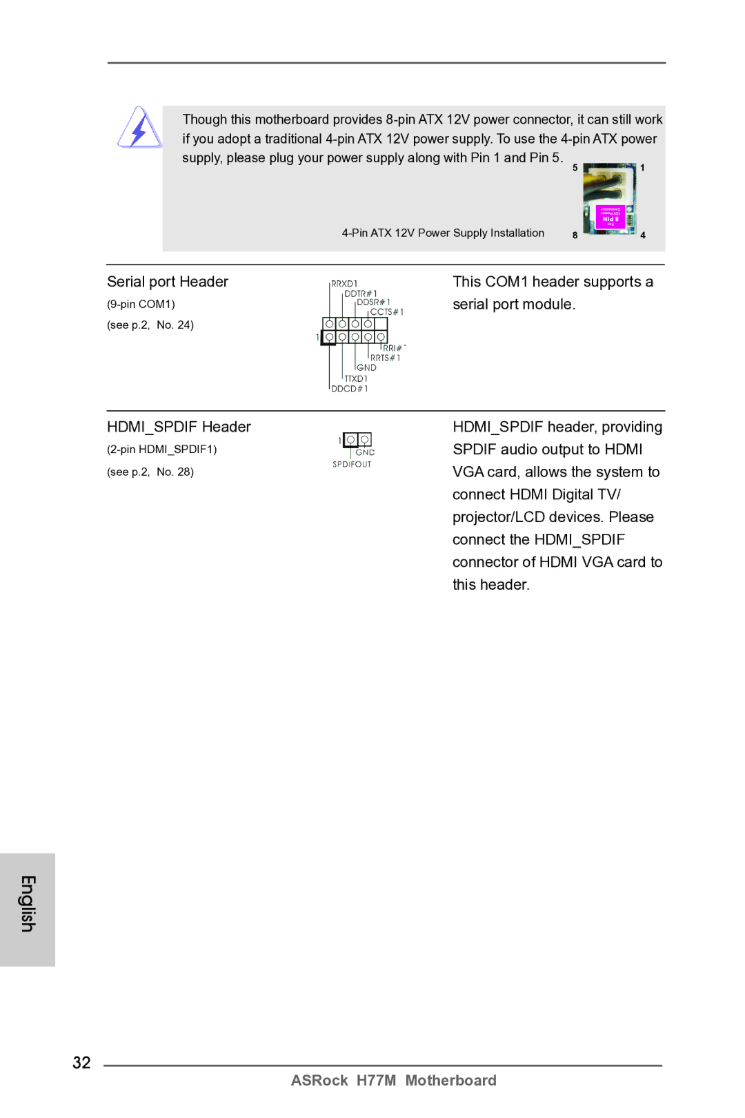 ASRock H77M Serial port Header This COM1 header supports a, Serial port module, Spdif audio output to Hdmi, This header 