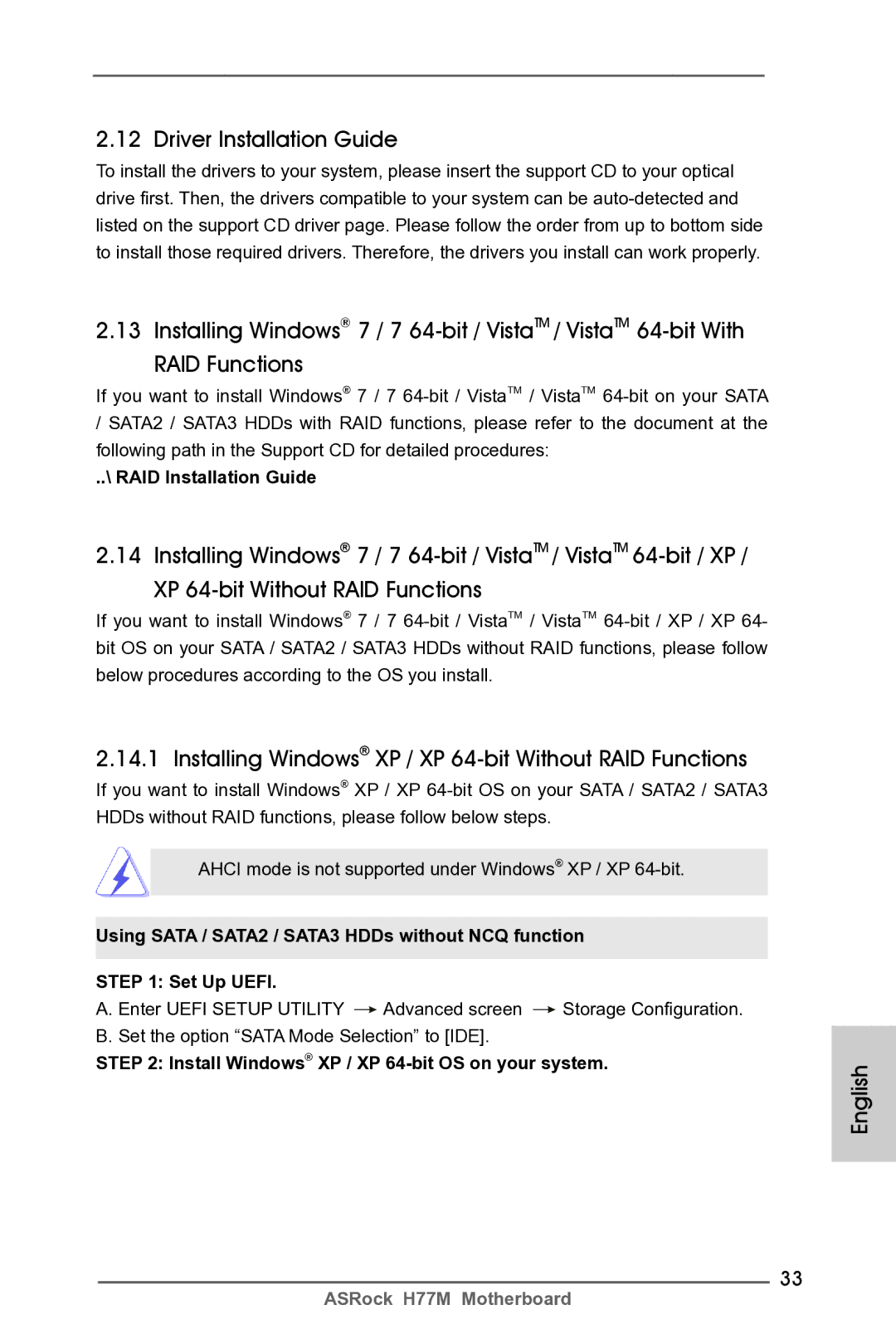 ASRock H77M Driver Installation Guide, Installing Windows XP / XP 64-bit Without RAID Functions, RAID Installation Guide 