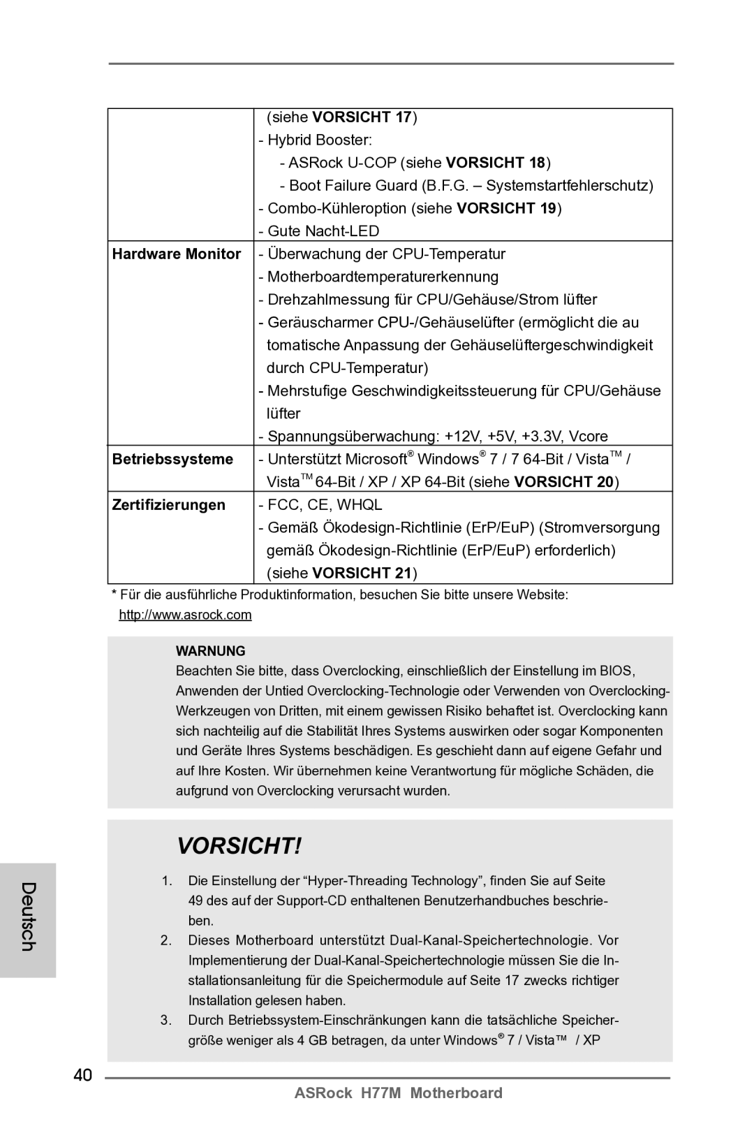 ASRock H77M manual Zertifizierungen, Warnung 