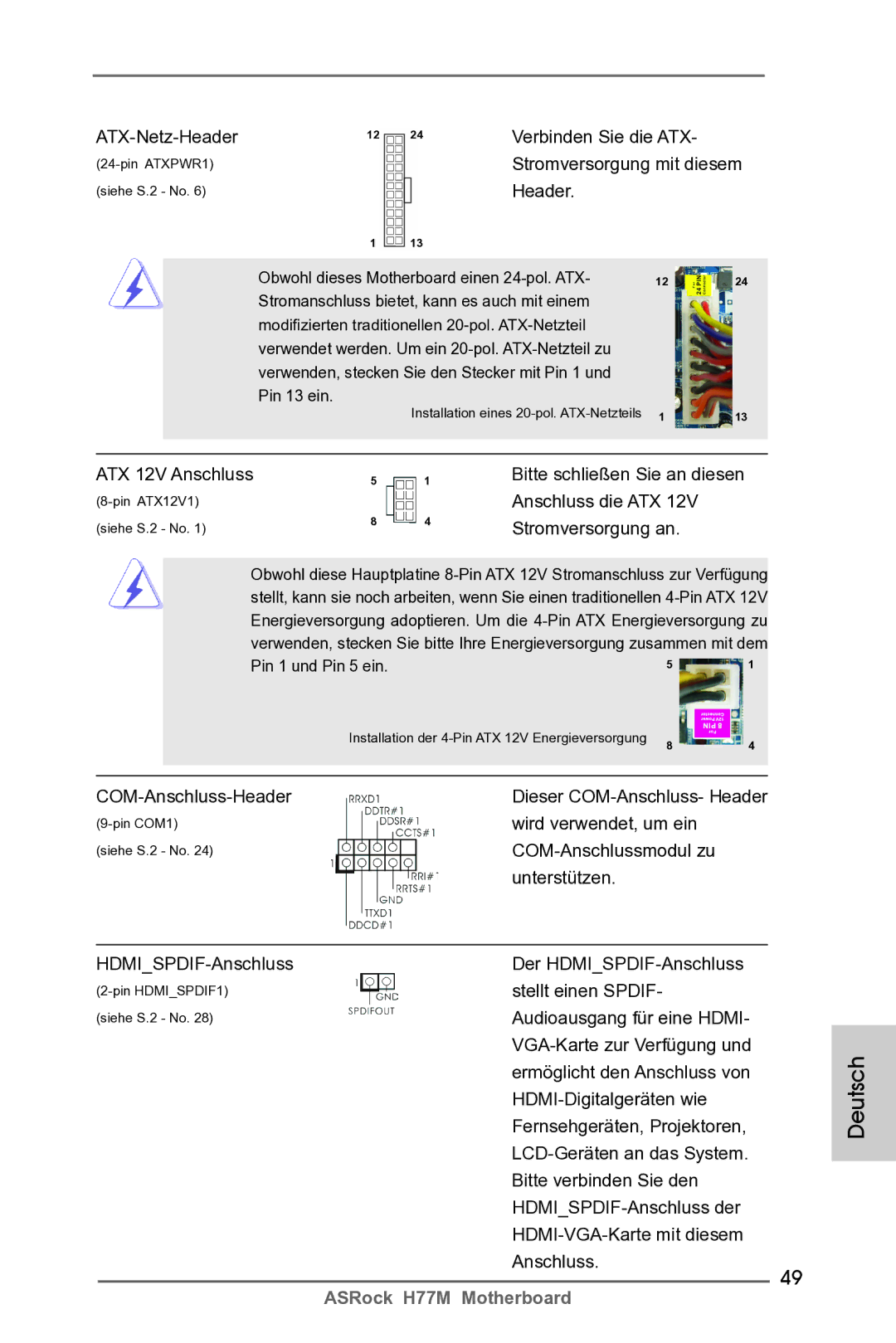 ASRock H77M manual ATX-Netz-Header Verbinden Sie die ATX, Stromversorgung mit diesem, ATX 12V Anschluss, Anschluss die ATX 