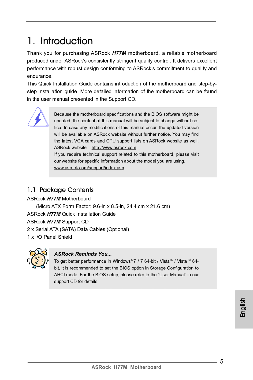 ASRock H77M manual Introduction, Package Contents 